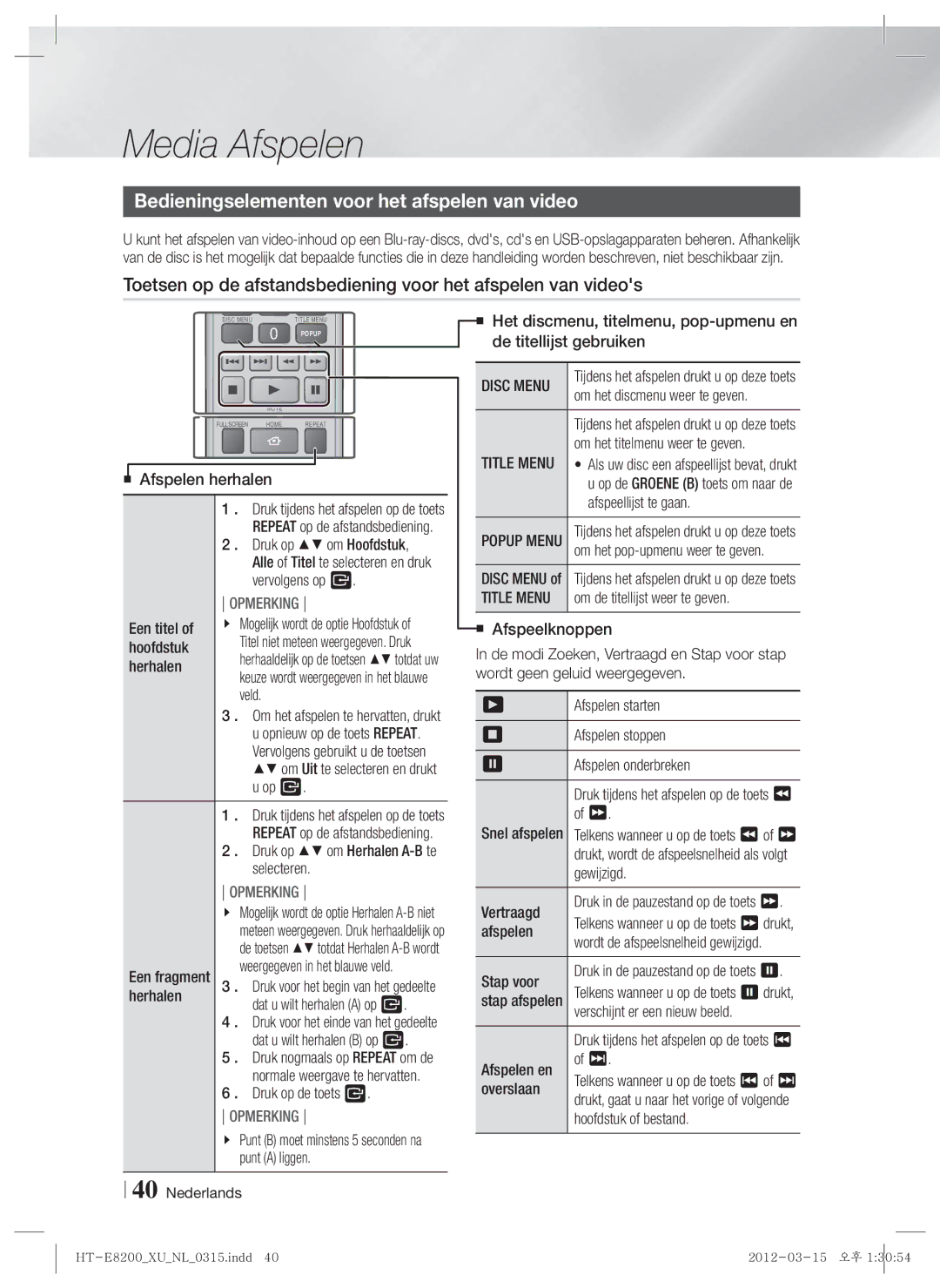 Samsung HT-E8200/ZF, HT-E8200/XN, HT-E8200/EN manual Bedieningselementen voor het afspelen van video 