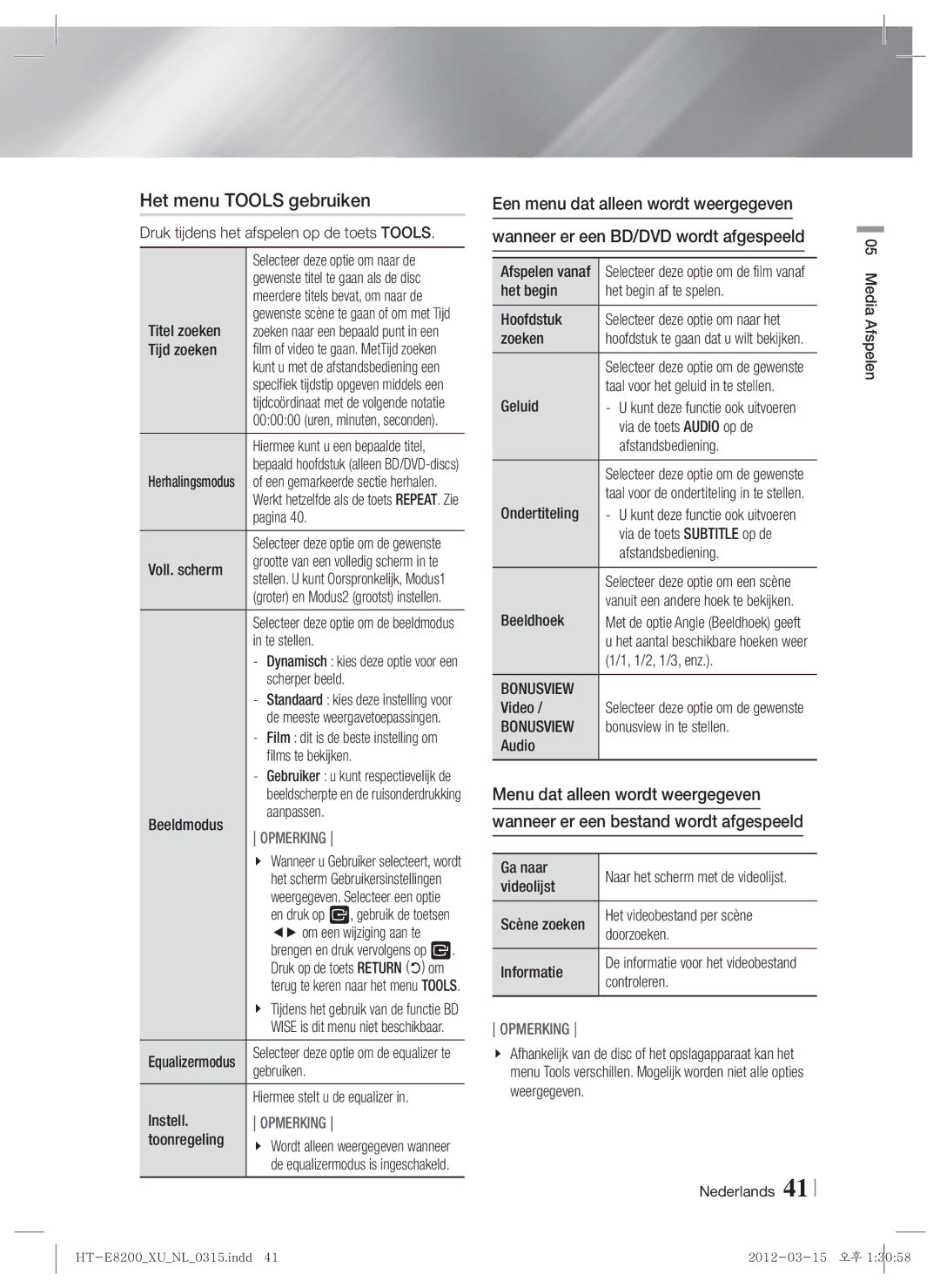 Samsung HT-E8200/XN, HT-E8200/EN, HT-E8200/ZF manual Het menu Tools gebruiken 