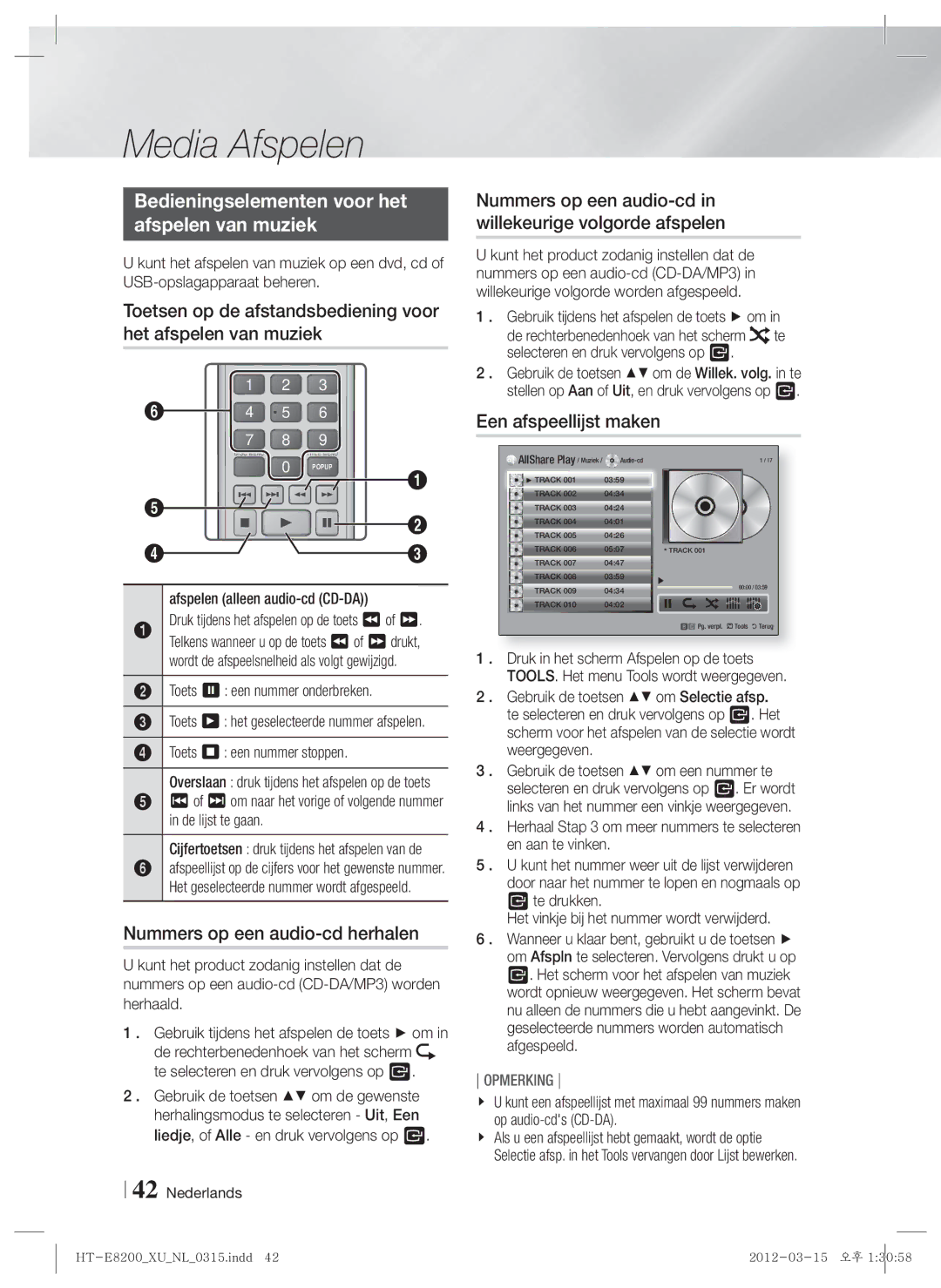 Samsung HT-E8200/EN, HT-E8200/XN manual Bedieningselementen voor het Afspelen van muziek, Nummers op een audio-cd herhalen 