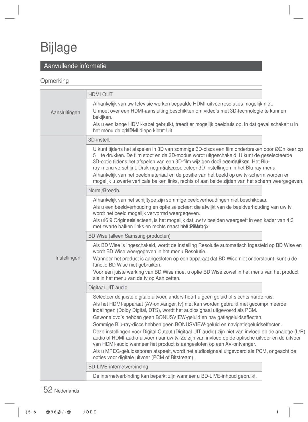 Samsung HT-E8200/ZF, HT-E8200/XN, HT-E8200/EN Bijlage, Aanvullende informatie, Opmerking, BD Wise alleen Samsung-producten 