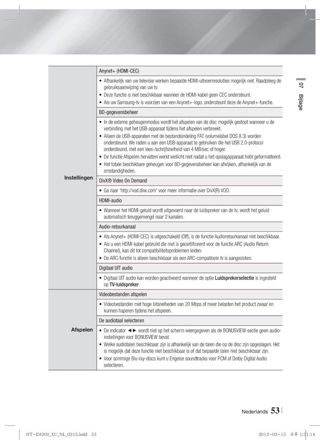 Samsung HT-E8200/XN, HT-E8200/EN, HT-E8200/ZF manual Instellingen, BD-gegevensbeheer, Bijlage 