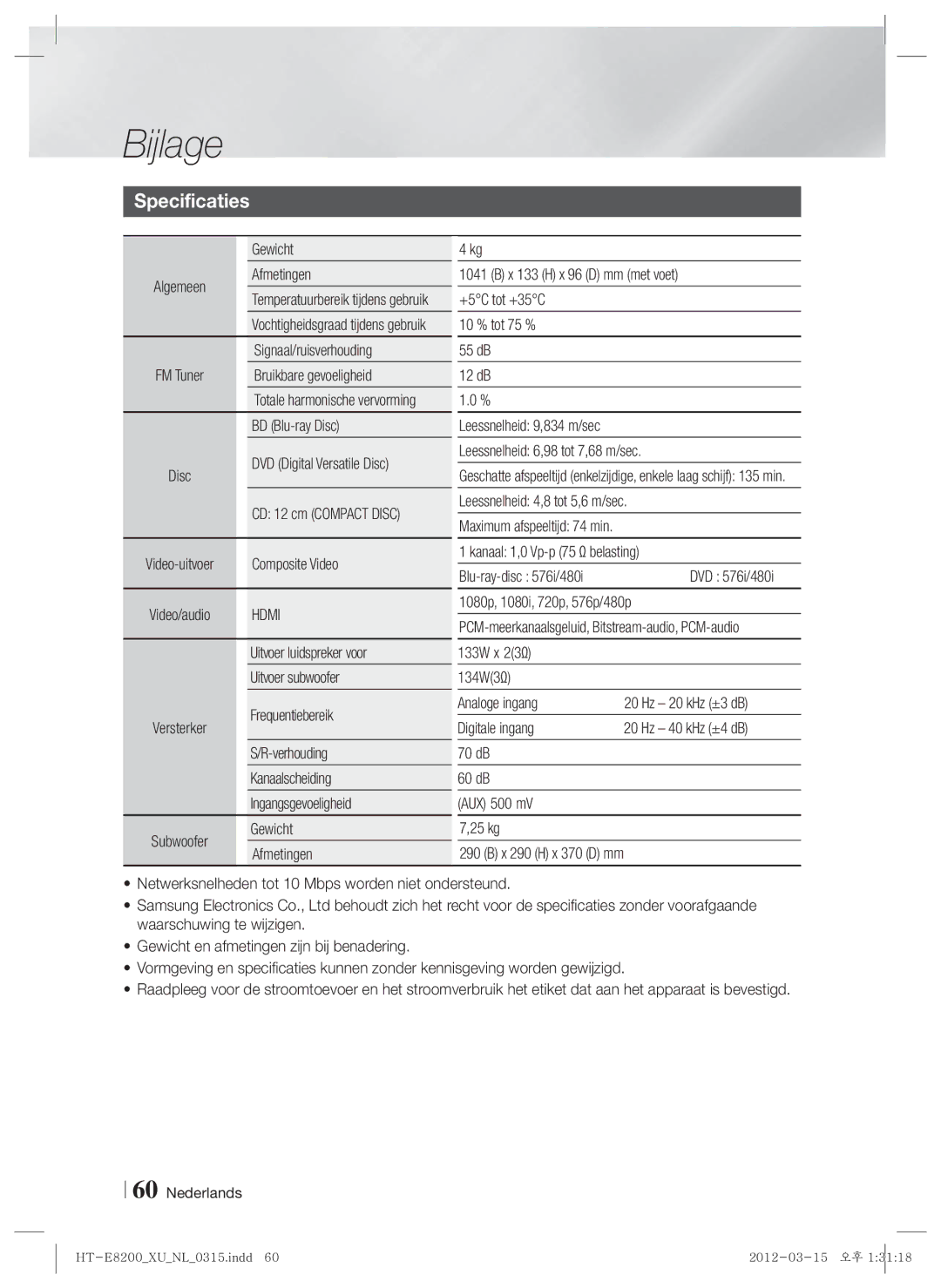 Samsung HT-E8200/EN, HT-E8200/XN, HT-E8200/ZF manual Specificaties 