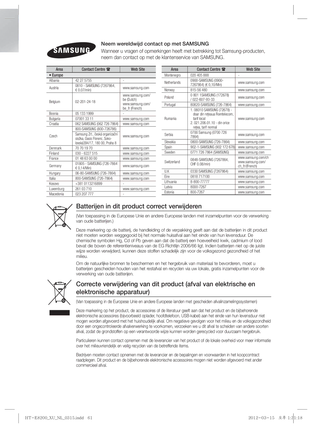 Samsung HT-E8200/ZF, HT-E8200/XN Batterijen in dit product correct verwijderen, Neem wereldwijd contact op met Samsung 