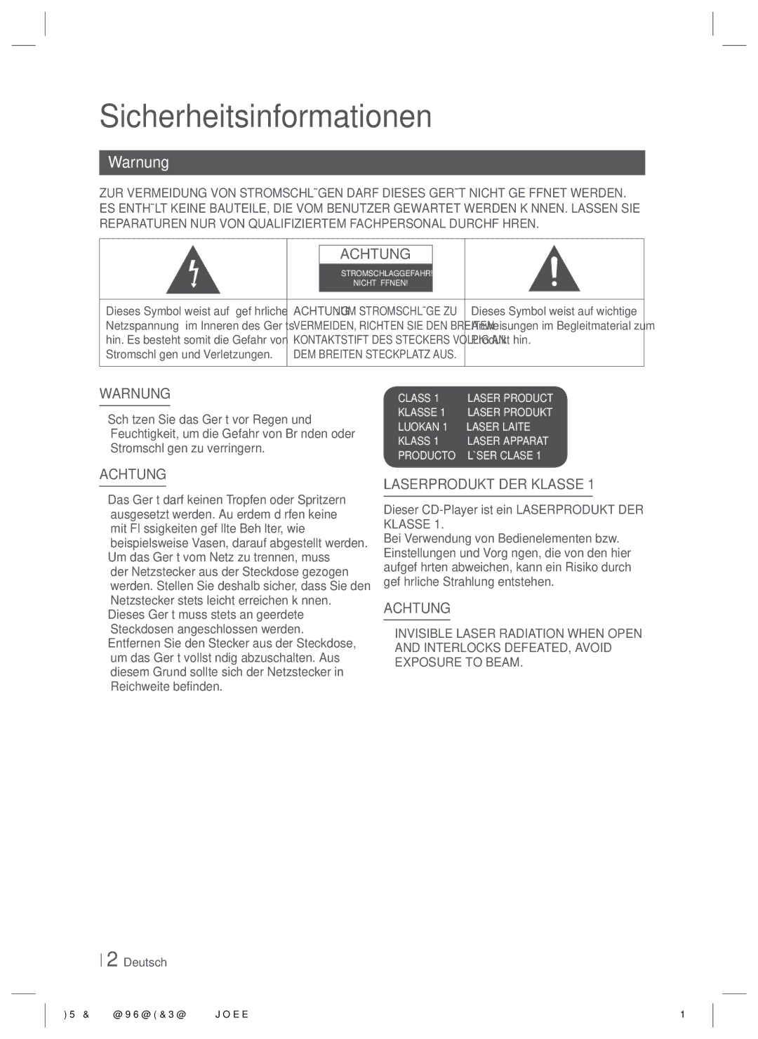 Samsung HT-E8200/EN manual Sicherheitsinformationen, Warnung, Dieser CD-Player ist ein Laserprodukt DER Klasse, Produkt hin 