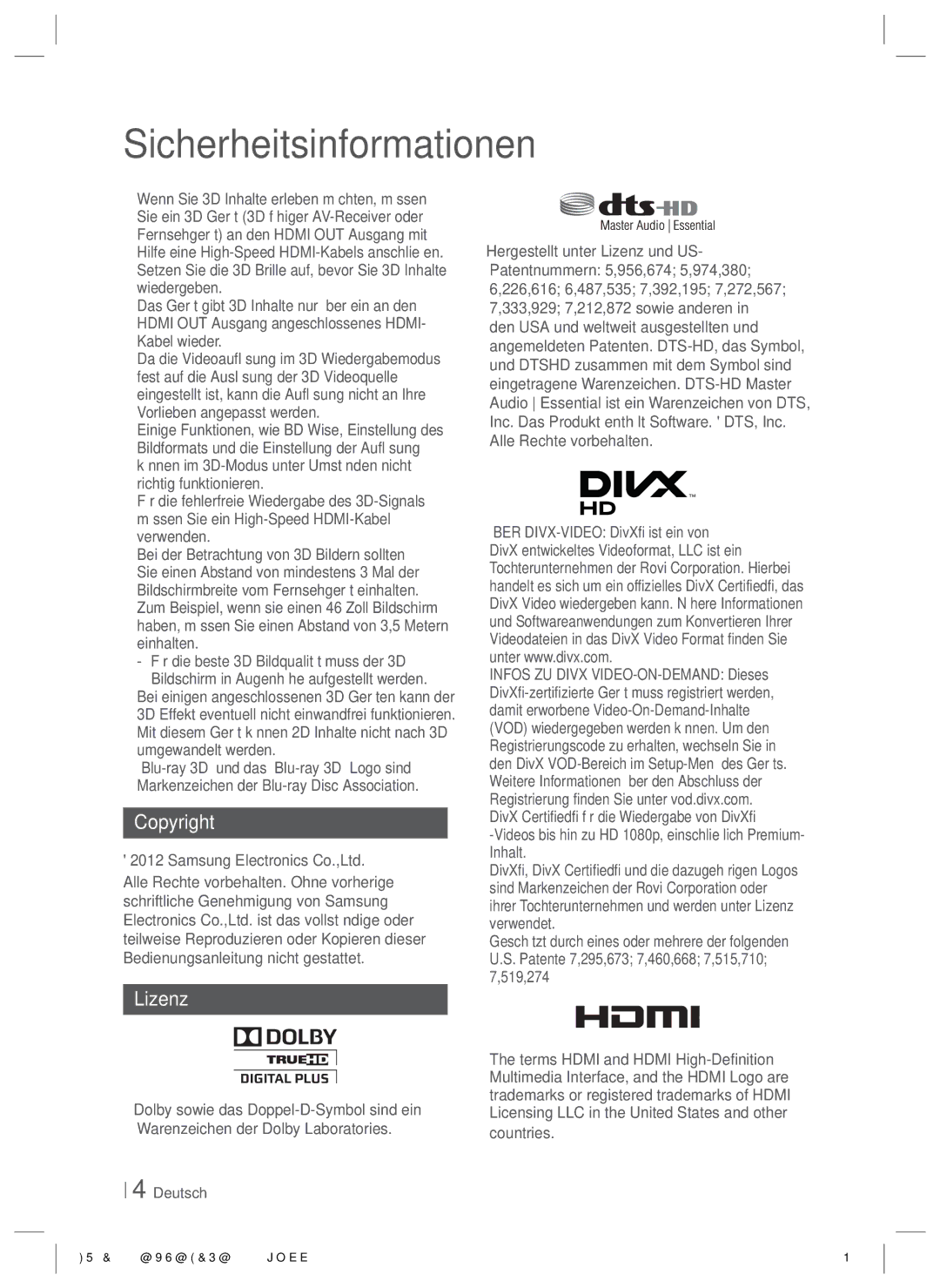 Samsung HT-E8200/XN, HT-E8200/EN, HT-E8200/ZF manual Copyright Lizenz 