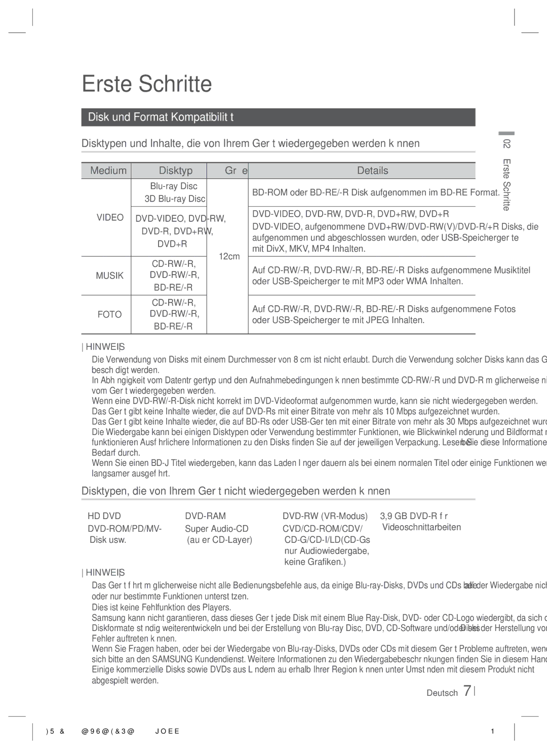 Samsung HT-E8200/XN manual Erste Schritte, Disk und Format Kompatibilität, Medium Disktyp Größe Details, Dvd-Rom/Pd/Mv 