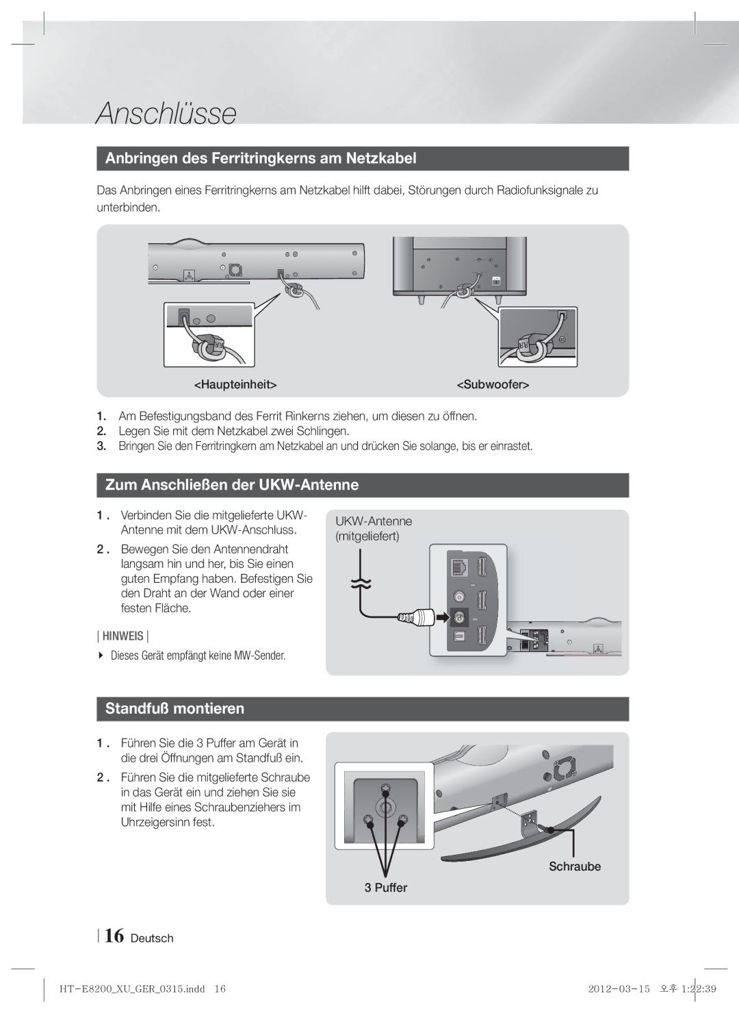 Samsung HT-E8200/XN manual Anbringen des Ferritringkerns am Netzkabel, Zum Anschließen der UKW-Antenne, Standfuß montieren 