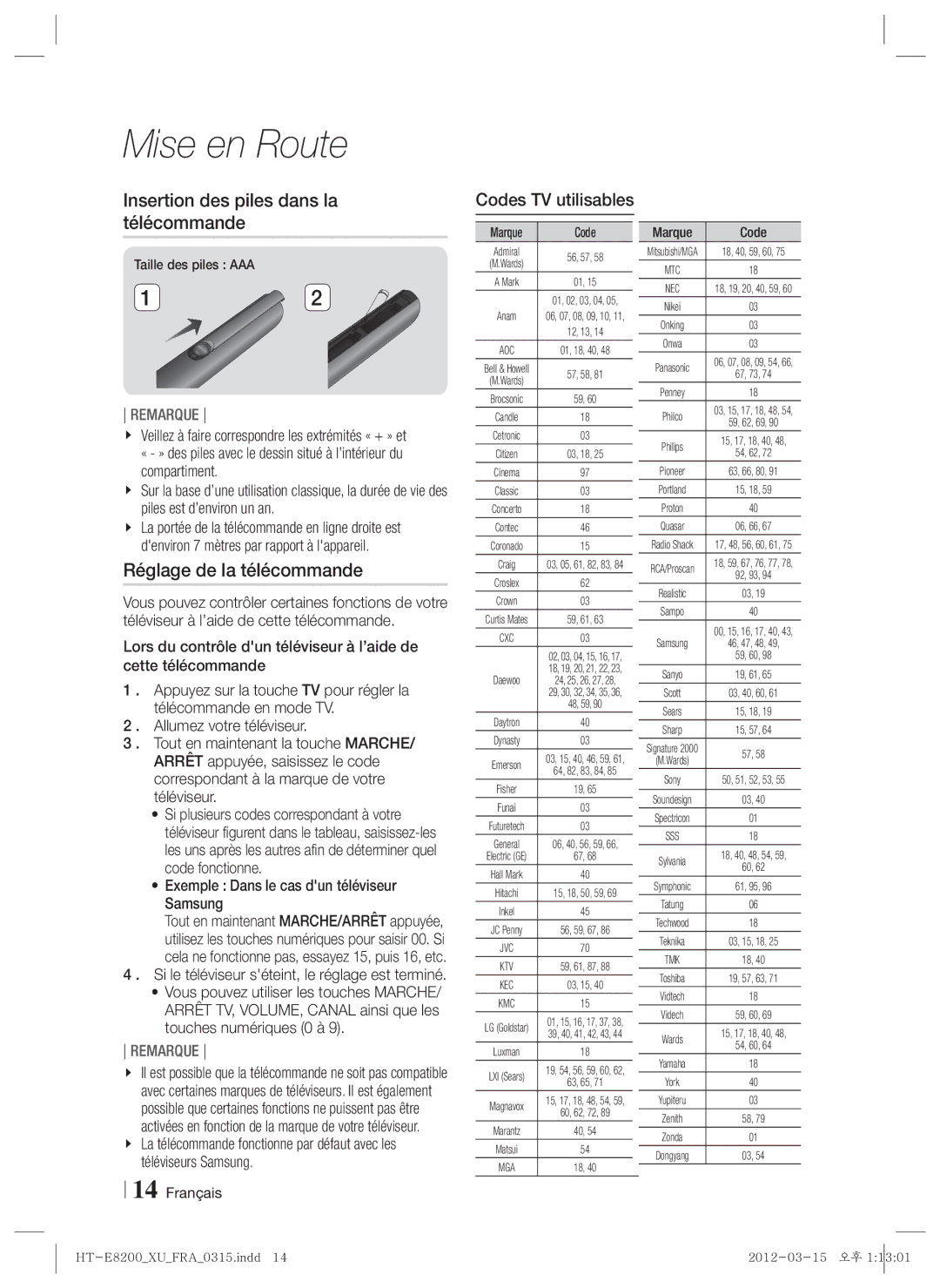 Samsung HT-E8200/ZF manual Insertion des piles dans la télécommande, Réglage de la télécommande, Codes TV utilisables 