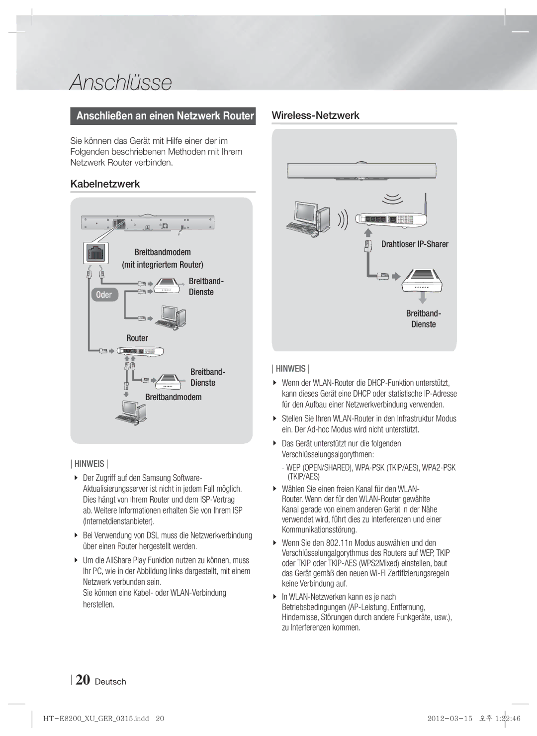 Samsung HT-E8200/EN, HT-E8200/XN, HT-E8200/ZF manual Kabelnetzwerk 