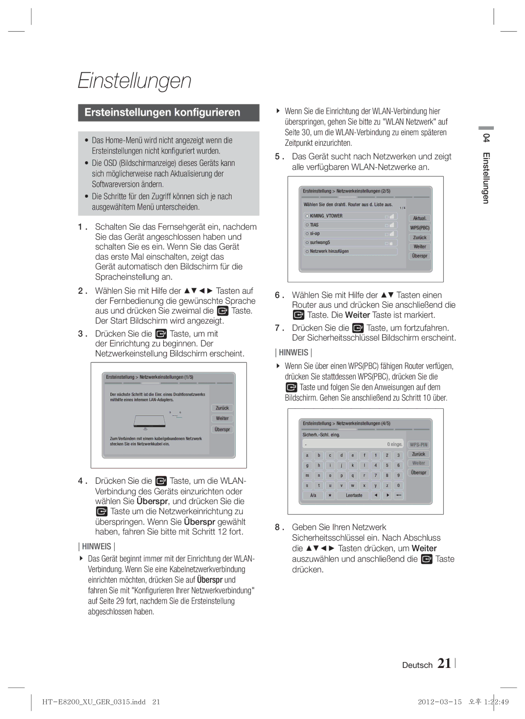 Samsung HT-E8200/ZF, HT-E8200/XN, HT-E8200/EN manual Ersteinstellungen konfigurieren, Deutsch Einstellungen 