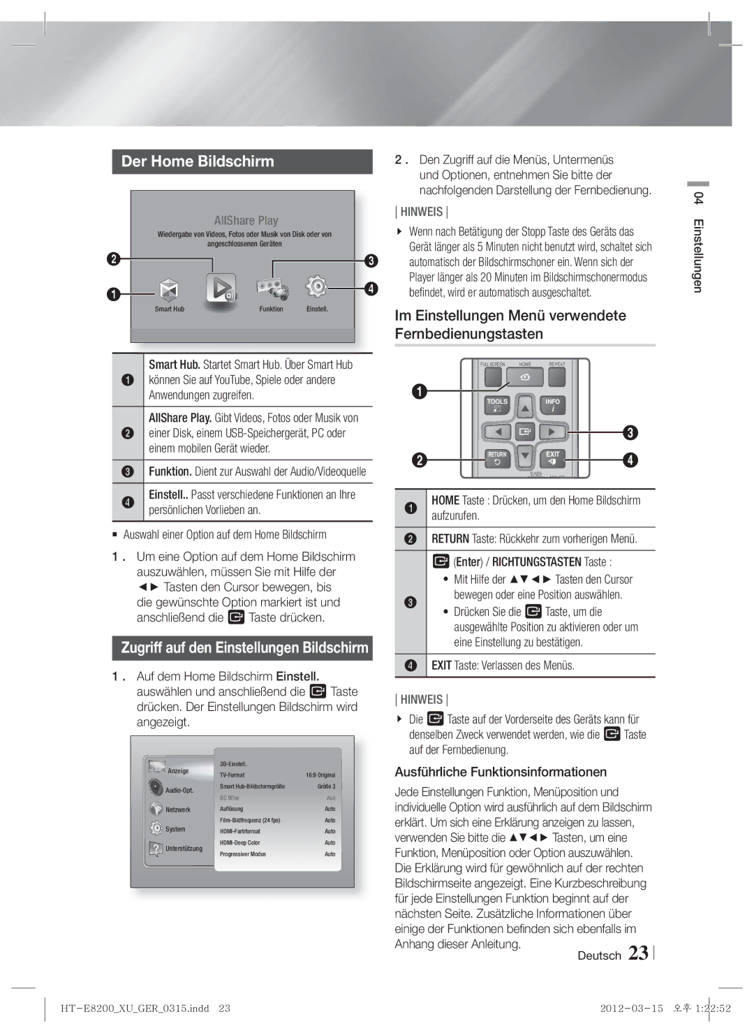 Samsung HT-E8200/EN, HT-E8200/XN, HT-E8200/ZF Der Home Bildschirm, Im Einstellungen Menü verwendete Fernbedienungstasten 