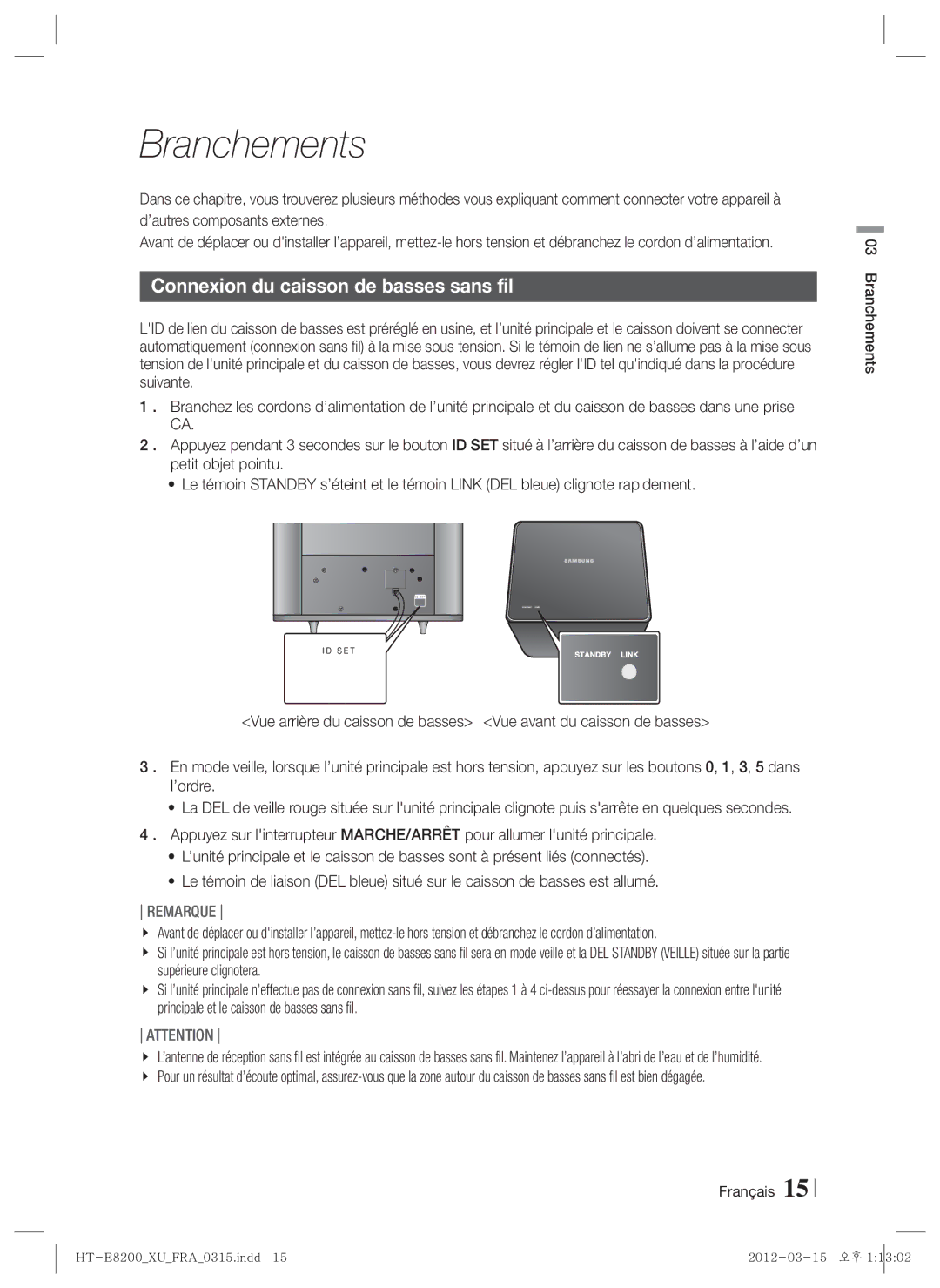 Samsung HT-E8200/XN, HT-E8200/EN, HT-E8200/ZF manual Connexion du caisson de basses sans fil, Français Branchements 