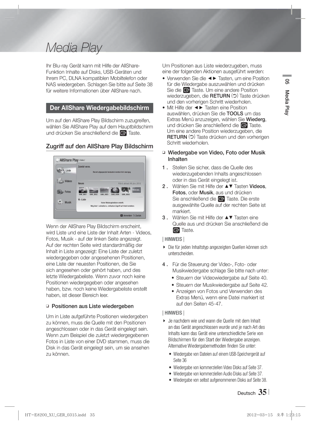 Samsung HT-E8200/EN manual Der AllShare Wiedergabebildschirm, Zugriff auf den AllShare Play Bildschirm, Deutsch Media Play 