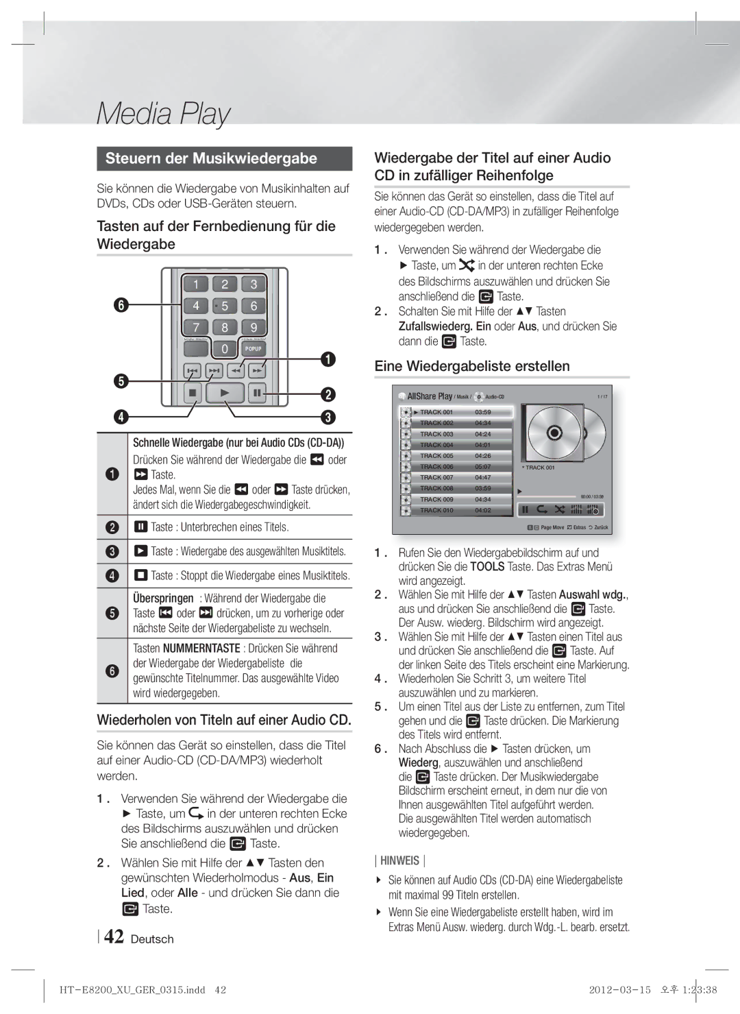 Samsung HT-E8200/ZF, HT-E8200/XN, HT-E8200/EN Steuern der Musikwiedergabe, Tasten auf der Fernbedienung für die Wiedergabe 