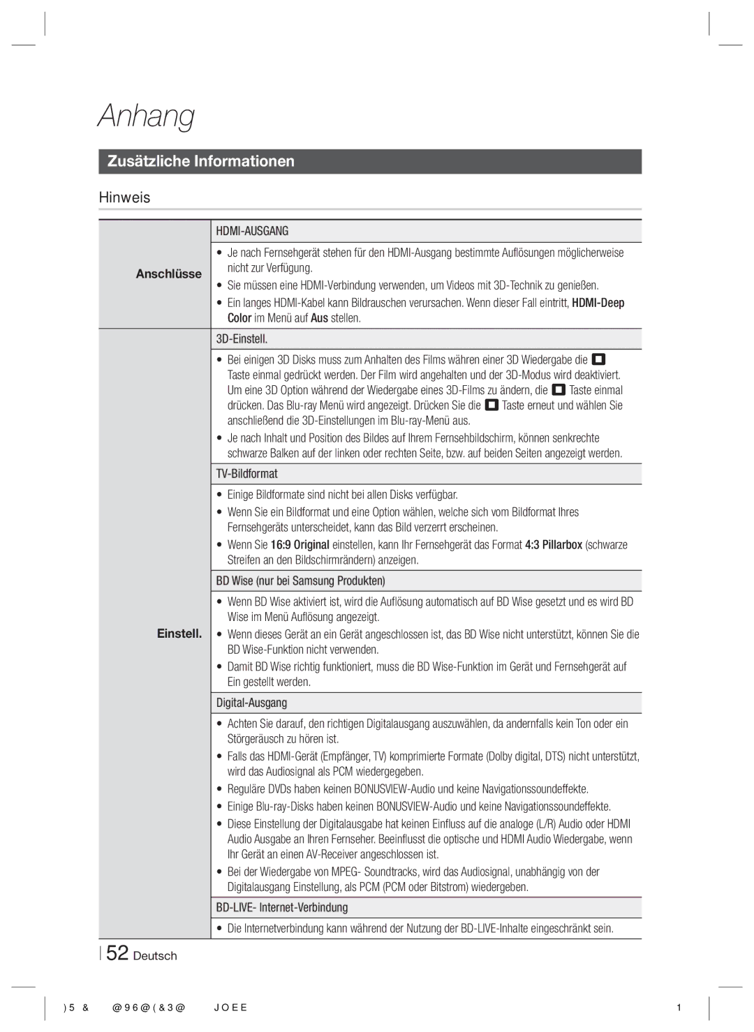 Samsung HT-E8200/XN, HT-E8200/EN, HT-E8200/ZF manual Anhang, Zusätzliche Informationen, Hinweis, Anschlüsse 