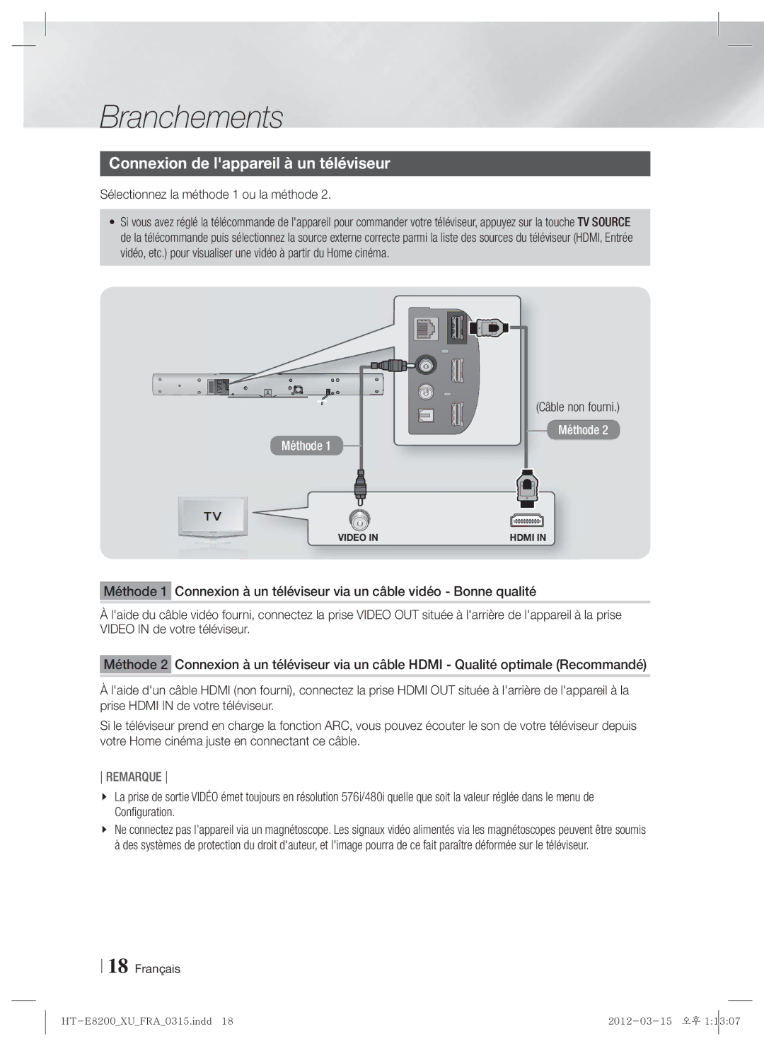 Samsung HT-E8200/XN Connexion de lappareil à un téléviseur, Sélectionnez la méthode 1 ou la méthode, Câble non fourni 