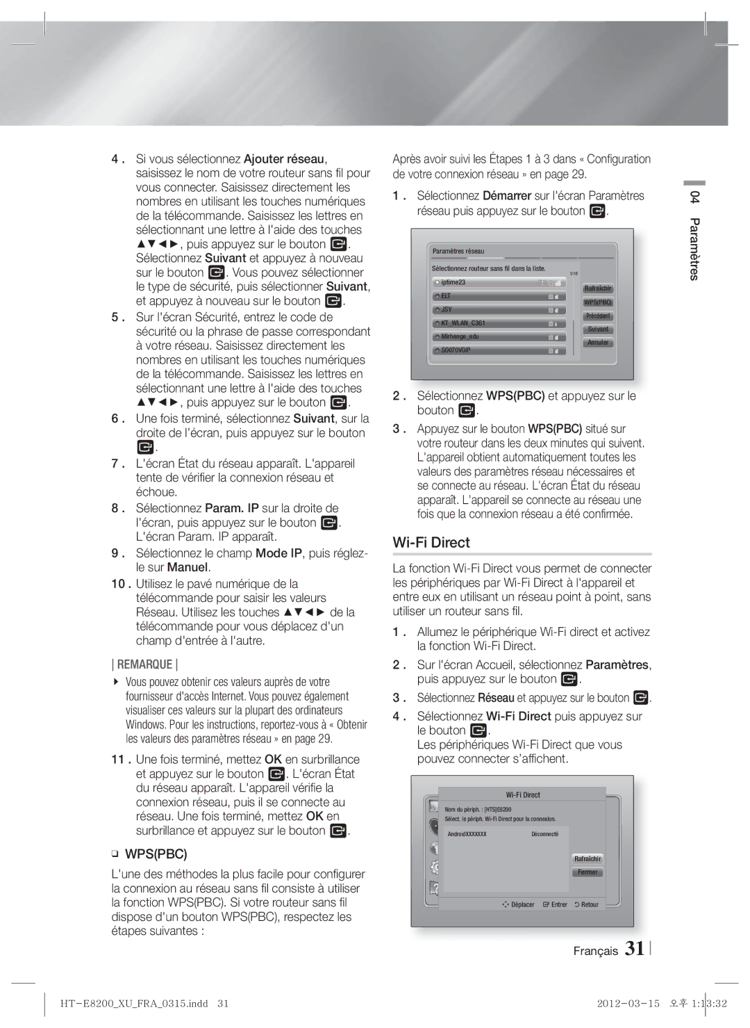 Samsung HT-E8200/EN, HT-E8200/XN, HT-E8200/ZF manual Wi-Fi Direct, Sélectionnez Wpspbc et appuyez sur le bouton E 