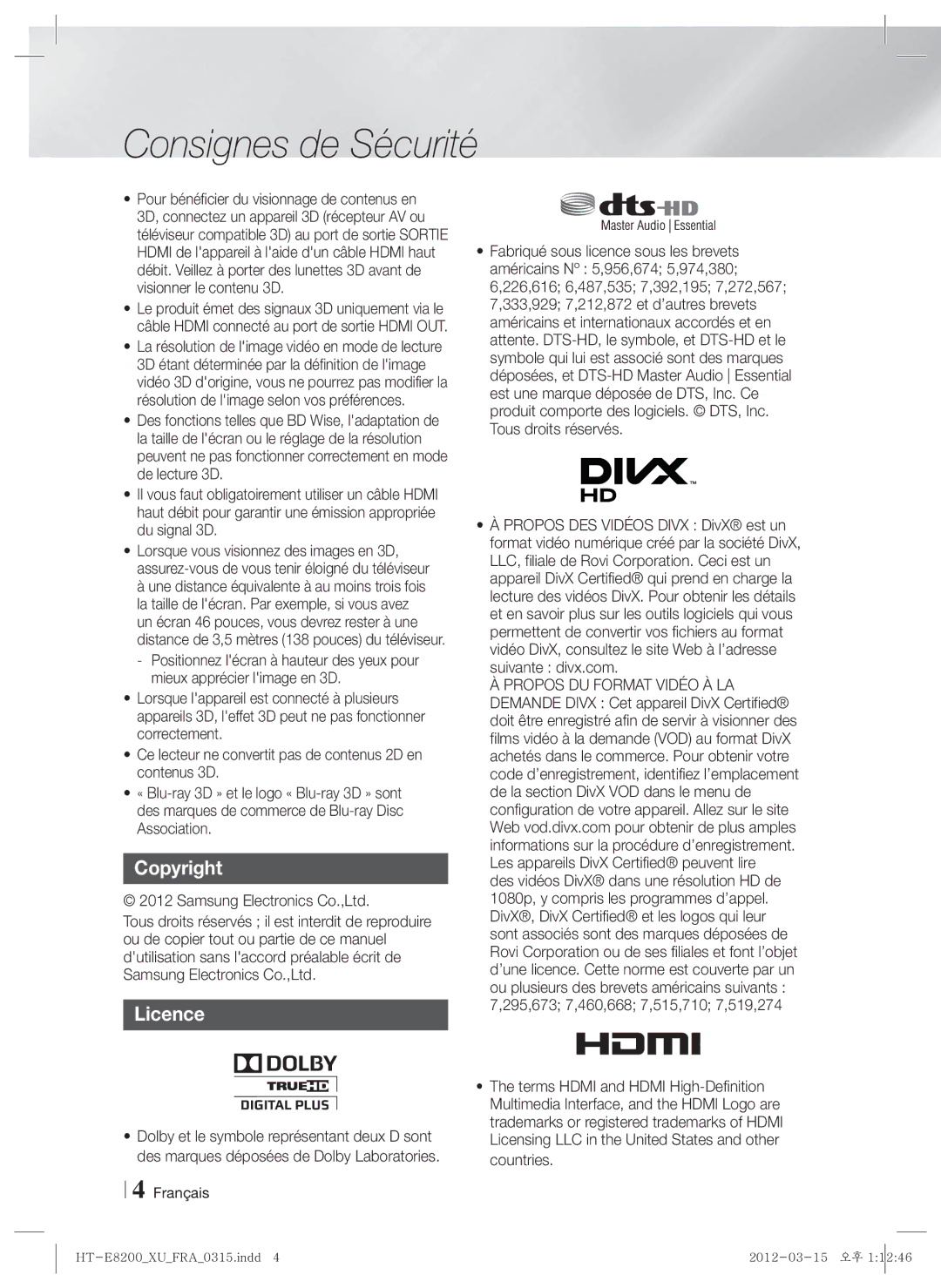 Samsung HT-E8200/EN, HT-E8200/XN, HT-E8200/ZF manual Copyright Licence 