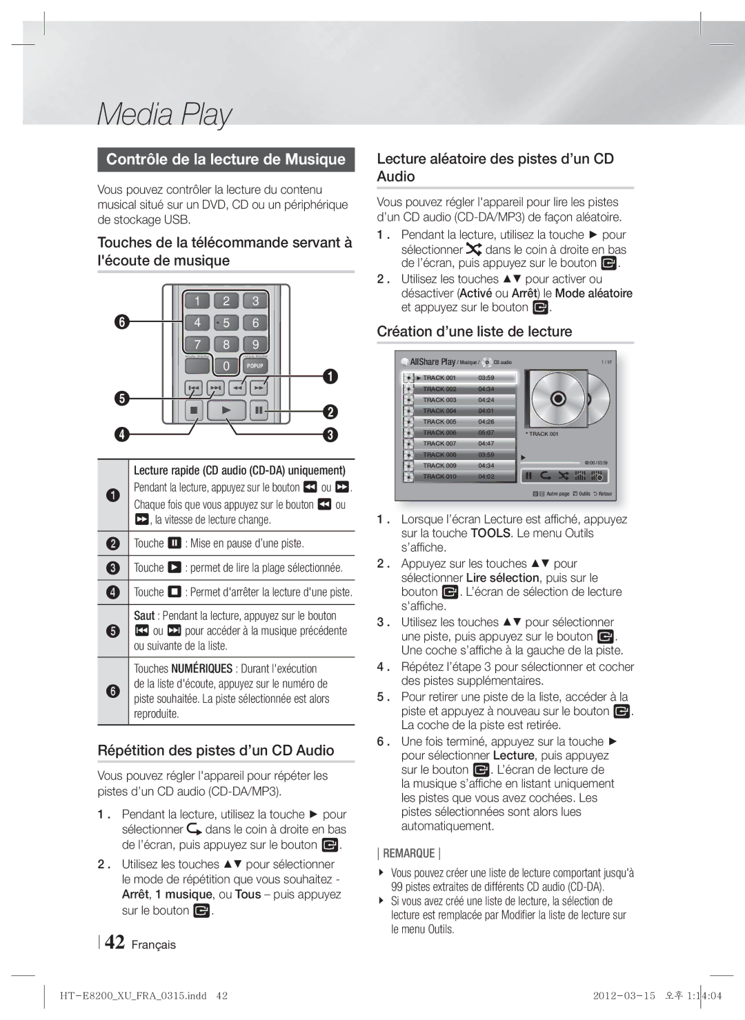 Samsung HT-E8200/XN manual Contrôle de la lecture de Musique, Touches de la télécommande servant à lécoute de musique 