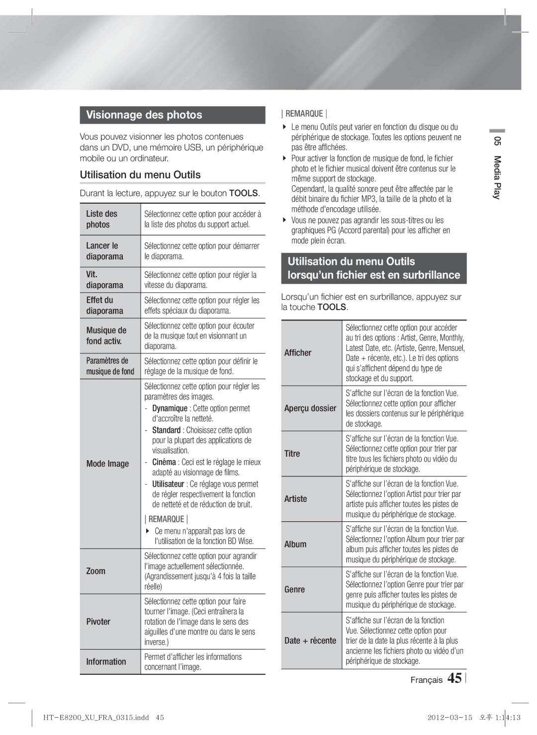 Samsung HT-E8200/XN, HT-E8200/EN, HT-E8200/ZF manual Visionnage des photos 