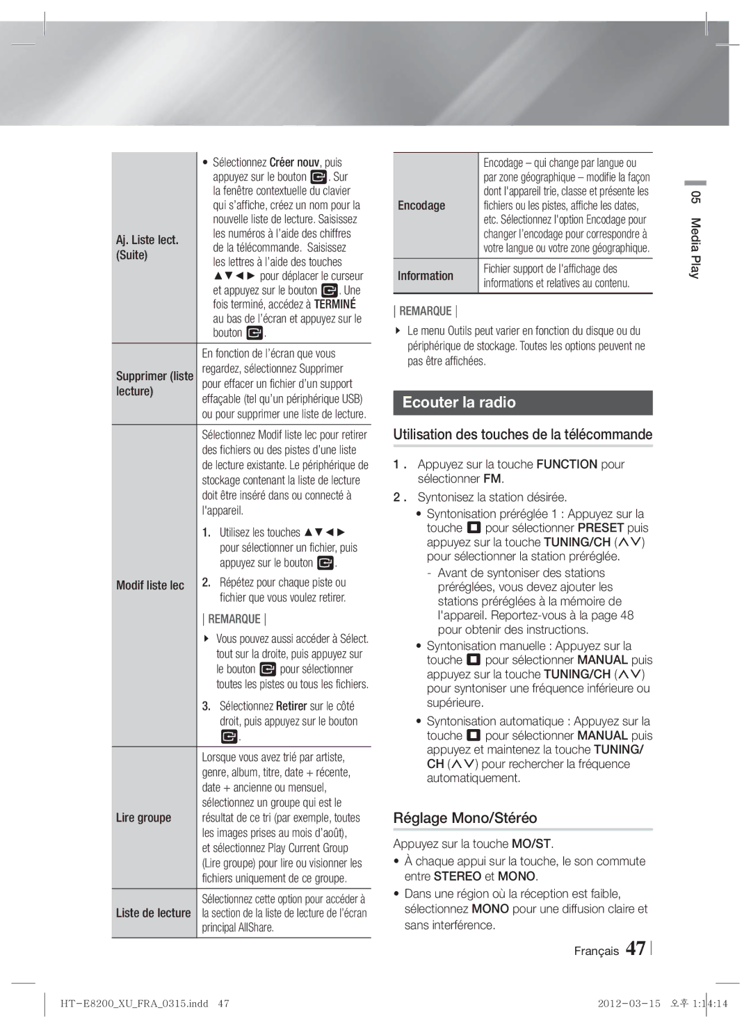 Samsung HT-E8200/ZF, HT-E8200/XN manual Ecouter la radio, Réglage Mono/Stéréo, Utilisation des touches de la télécommande 