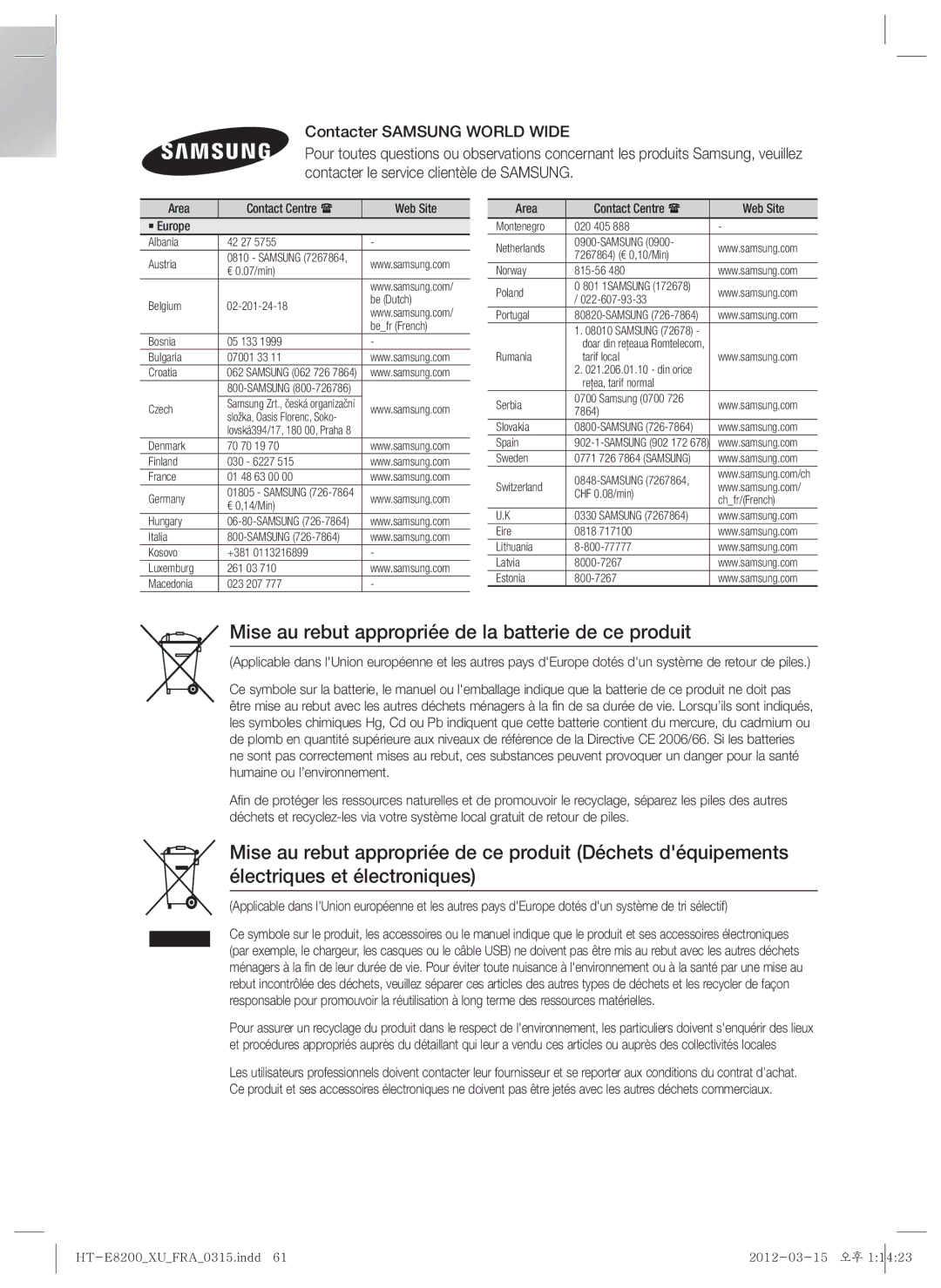 Samsung HT-E8200/EN manual Mise au rebut appropriée de la batterie de ce produit, Area Contact Centre  Web Site ` Europe 