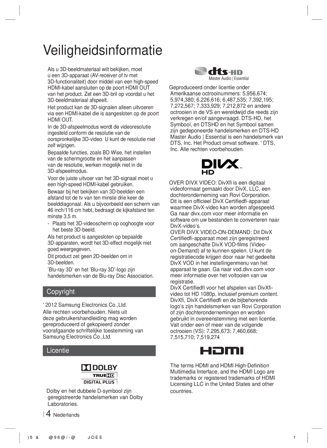 Samsung HT-E8200/ZF, HT-E8200/XN, HT-E8200/EN manual Copyright, Licentie, Hdmi OUT 