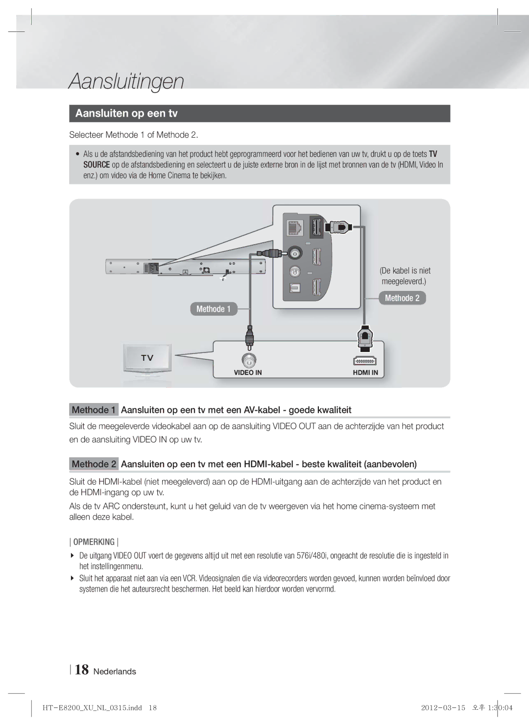 Samsung HT-E8200/EN, HT-E8200/XN, HT-E8200/ZF manual Aansluiten op een tv, Selecteer Methode 1 of Methode 