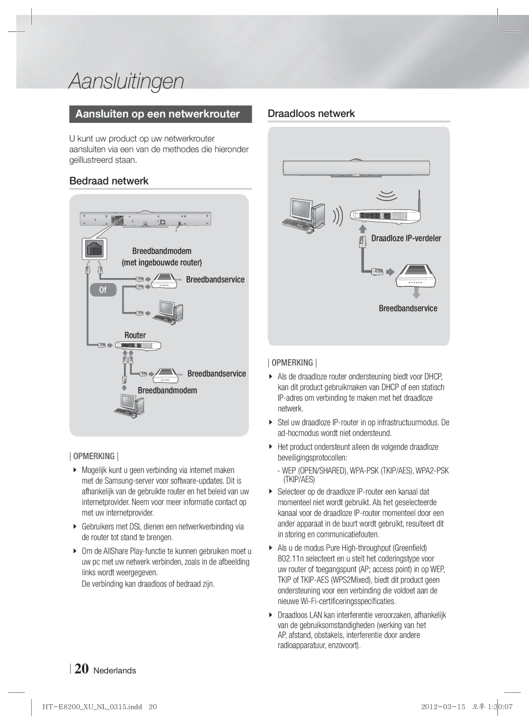 Samsung HT-E8200/XN, HT-E8200/EN, HT-E8200/ZF manual Aansluiten op een netwerkrouter, Bedraad netwerk, Breedbandmodem 