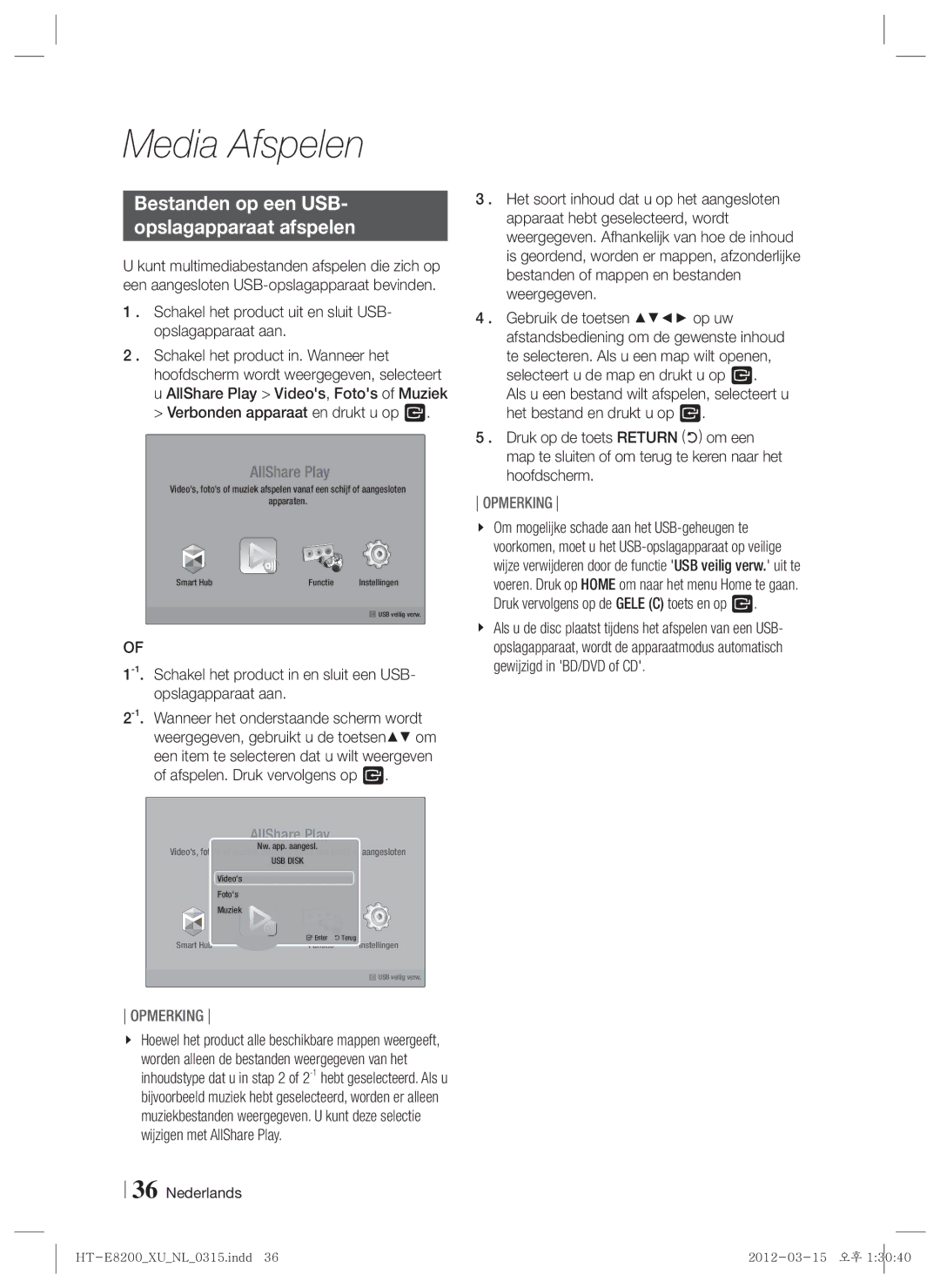 Samsung HT-E8200/EN Bestanden op een USB Opslagapparaat afspelen, Schakel het product uit en sluit USB- opslagapparaat aan 