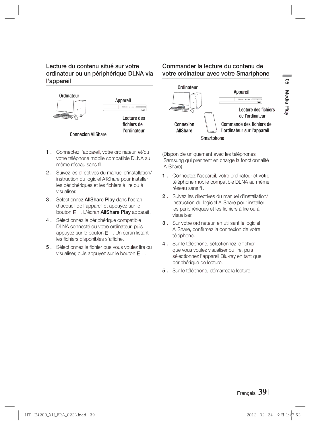 Samsung HT-E4200/ZF, HT-ES4200/XN, HT-E4200/EN manual Ordinateur Appareil, De l’ordinateur, Smartphone, Français Media Play 