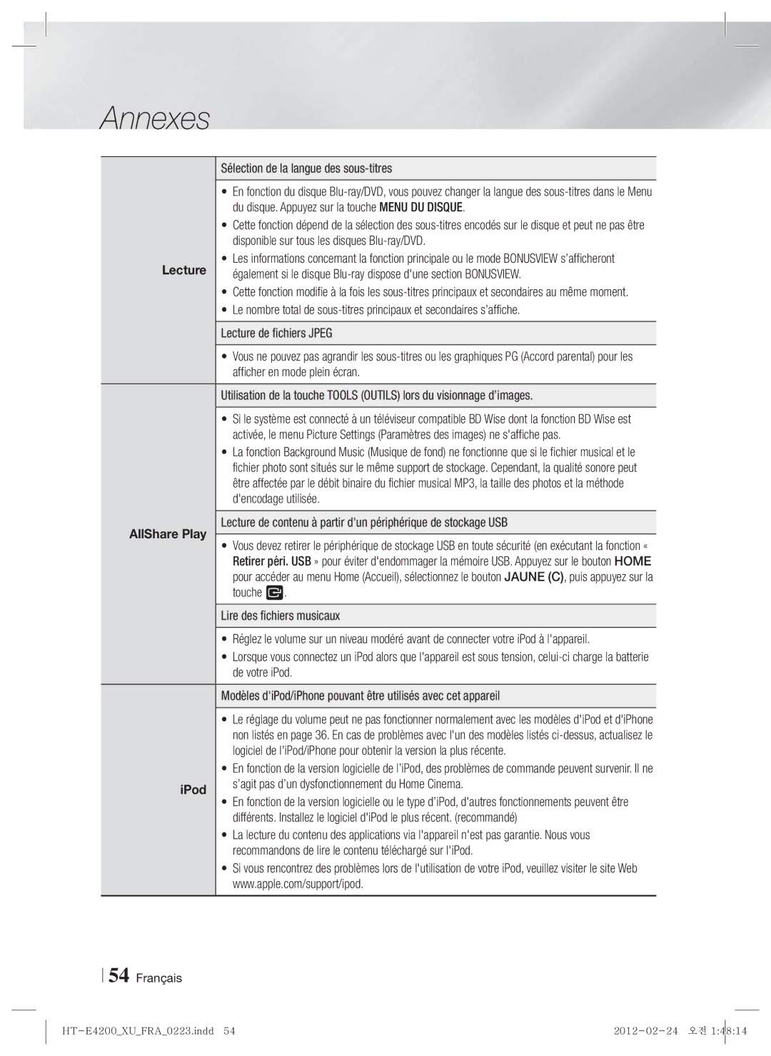 Samsung HT-ES4200/ZF Sélection de la langue des sous-titres, Du disque. Appuyez sur la touche Menu DU Disque, Touche E 