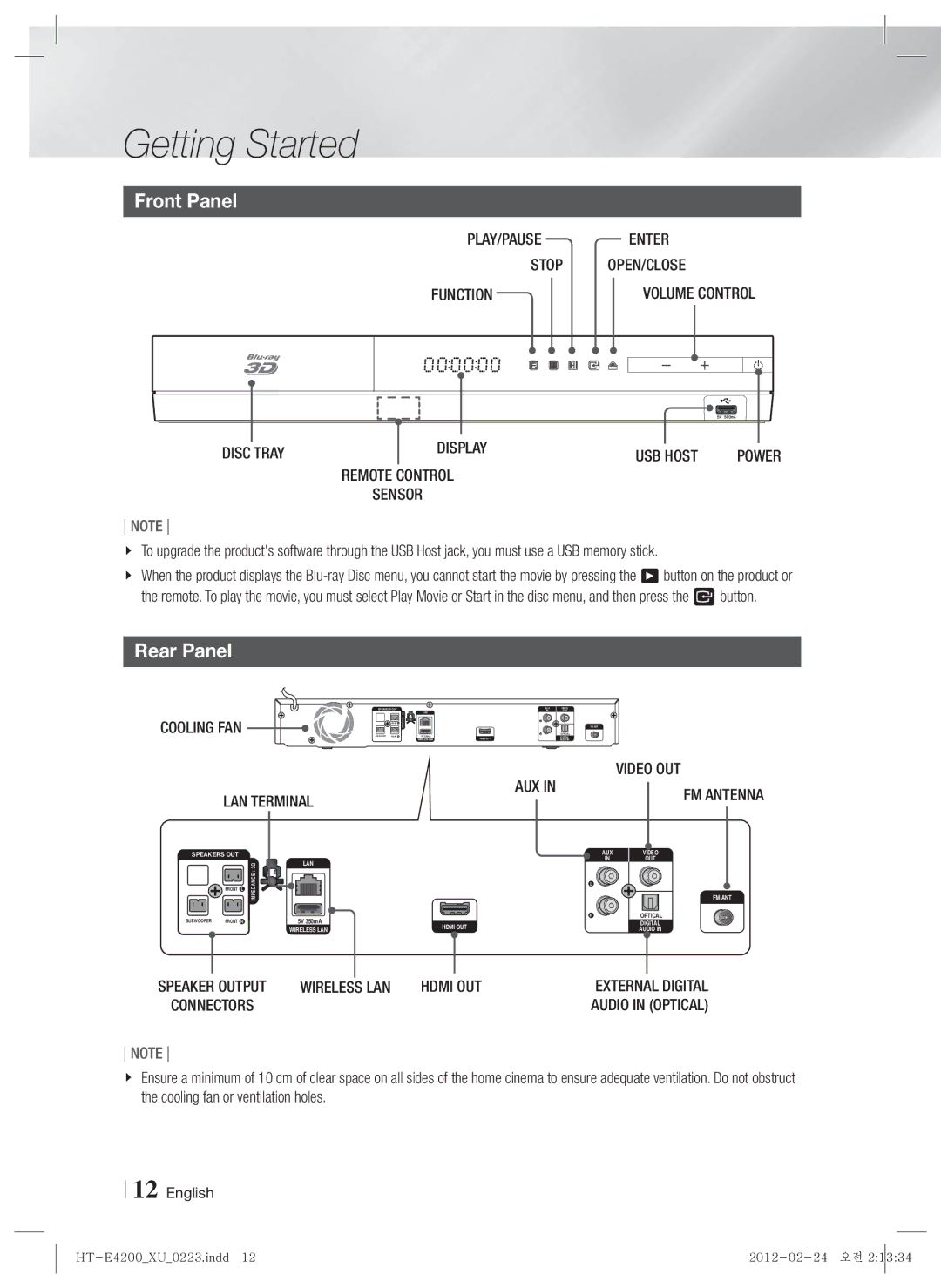 Samsung HT-E4200/XE, HT-ES4200/XN, HT-E4200/EN, HT-ES4200/EN, HT-E4200/ZF, HT-ES4200/ZF, HT-ES4200/XE Front Panel, Rear Panel 