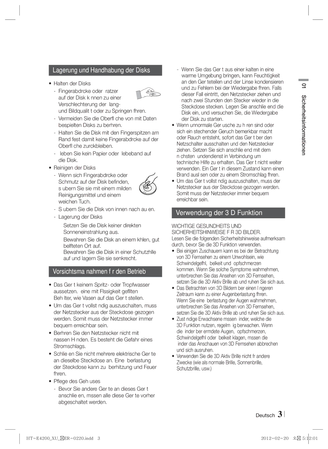 Samsung HT-E4200/EN, HT-ES4200/XN manual Verwendung der 3 D Funktion, Halten der Disks, Deutsch Sicherheitsinformationen 