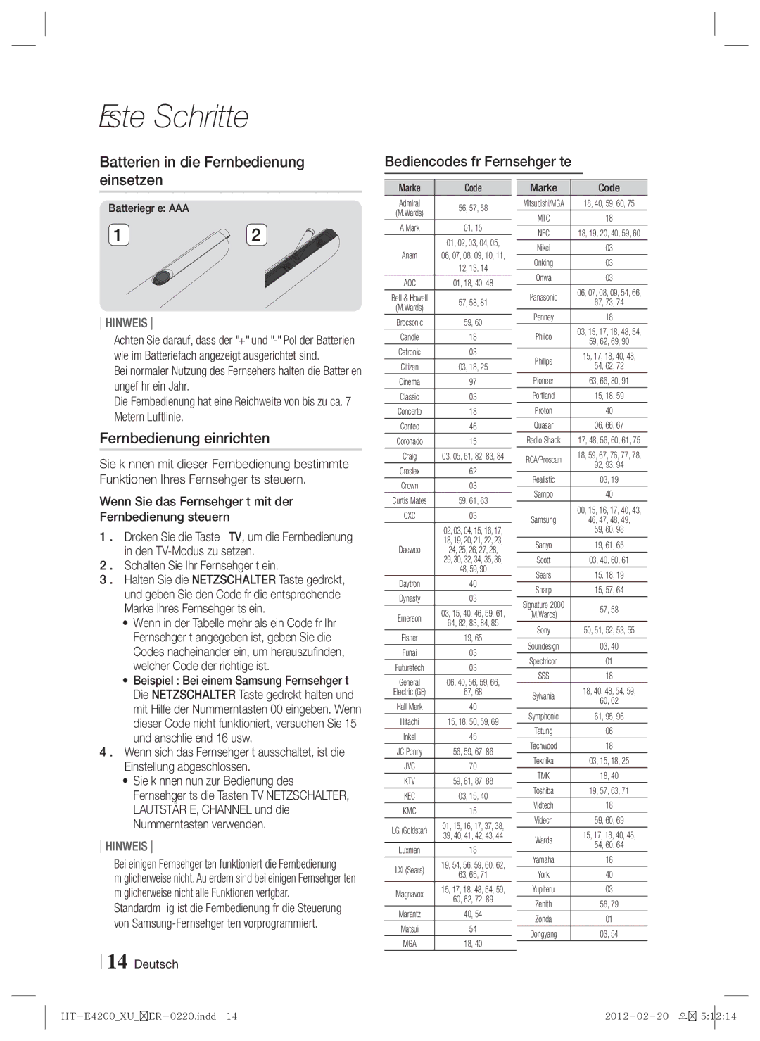 Samsung HT-E4200/XE Batterien in die Fernbedienung einsetzen, Fernbedienung einrichten, Bediencodes für Fernsehgeräte 