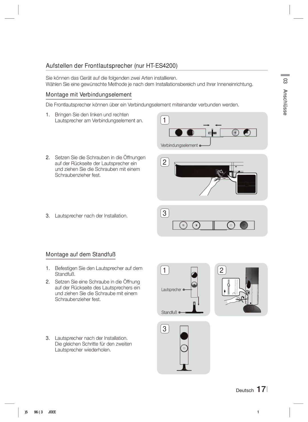 Samsung HT-E4200/EN, HT-ES4200/XN manual Aufstellen der Frontlautsprecher nur HT-ES4200, Montage mit Verbindungselement 