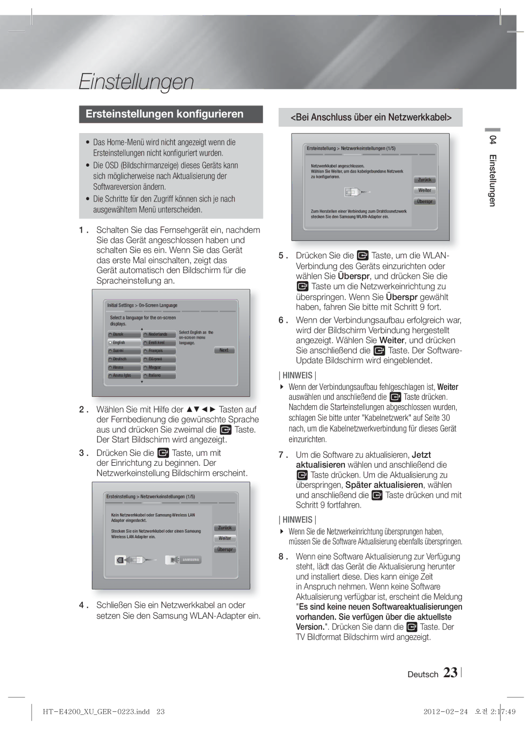 Samsung HT-ES4200/XN, HT-E4200/EN Einstellungen, Ersteinstellungen konfigurieren, Bei Anschluss über ein Netzwerkkabel 