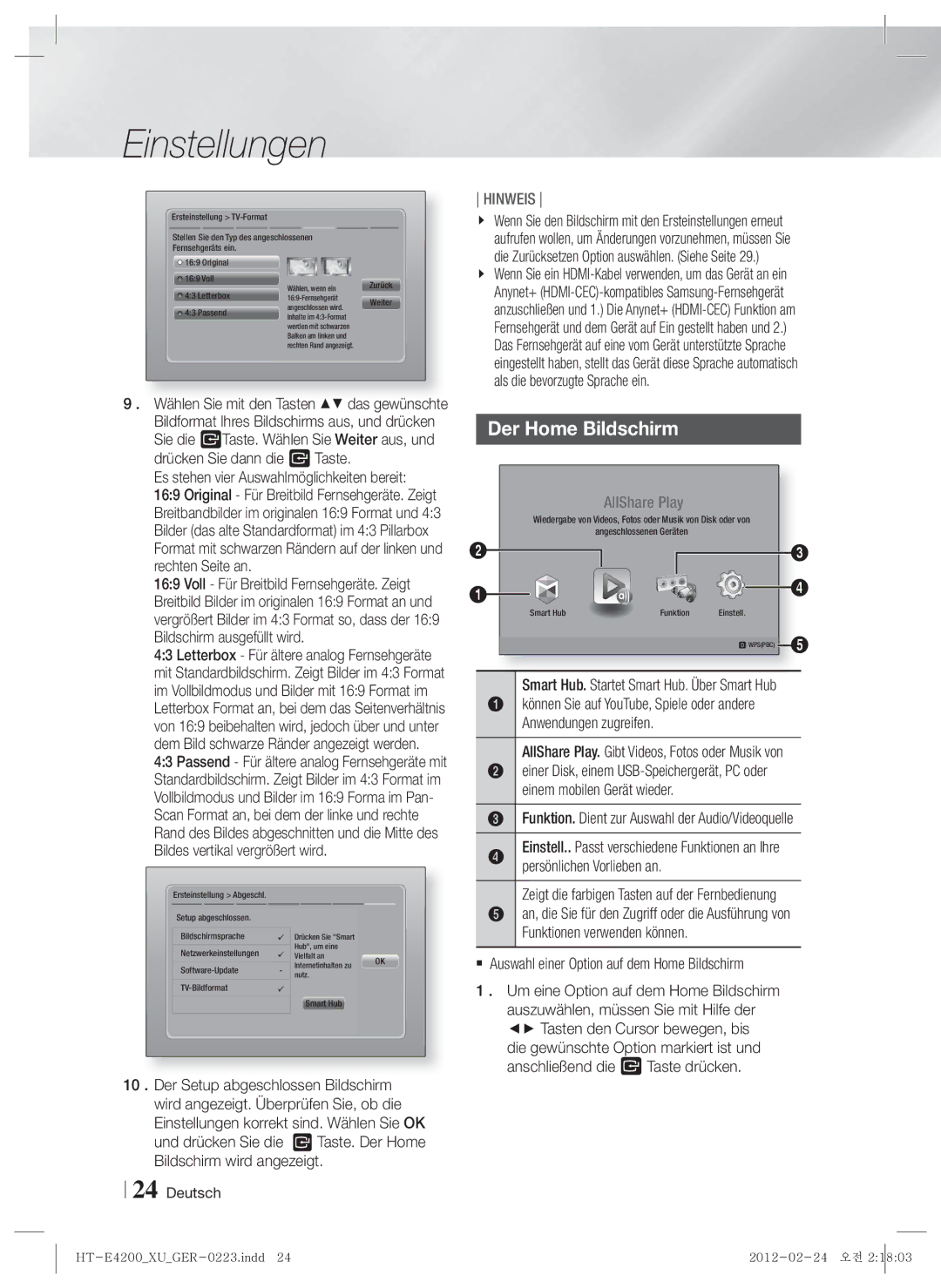 Samsung HT-E4200/EN, HT-ES4200/XN, HT-ES4200/EN, HT-E4200/ZF, HT-ES4200/ZF, HT-E4200/XE, HT-ES4200/XE manual Der Home Bildschirm 