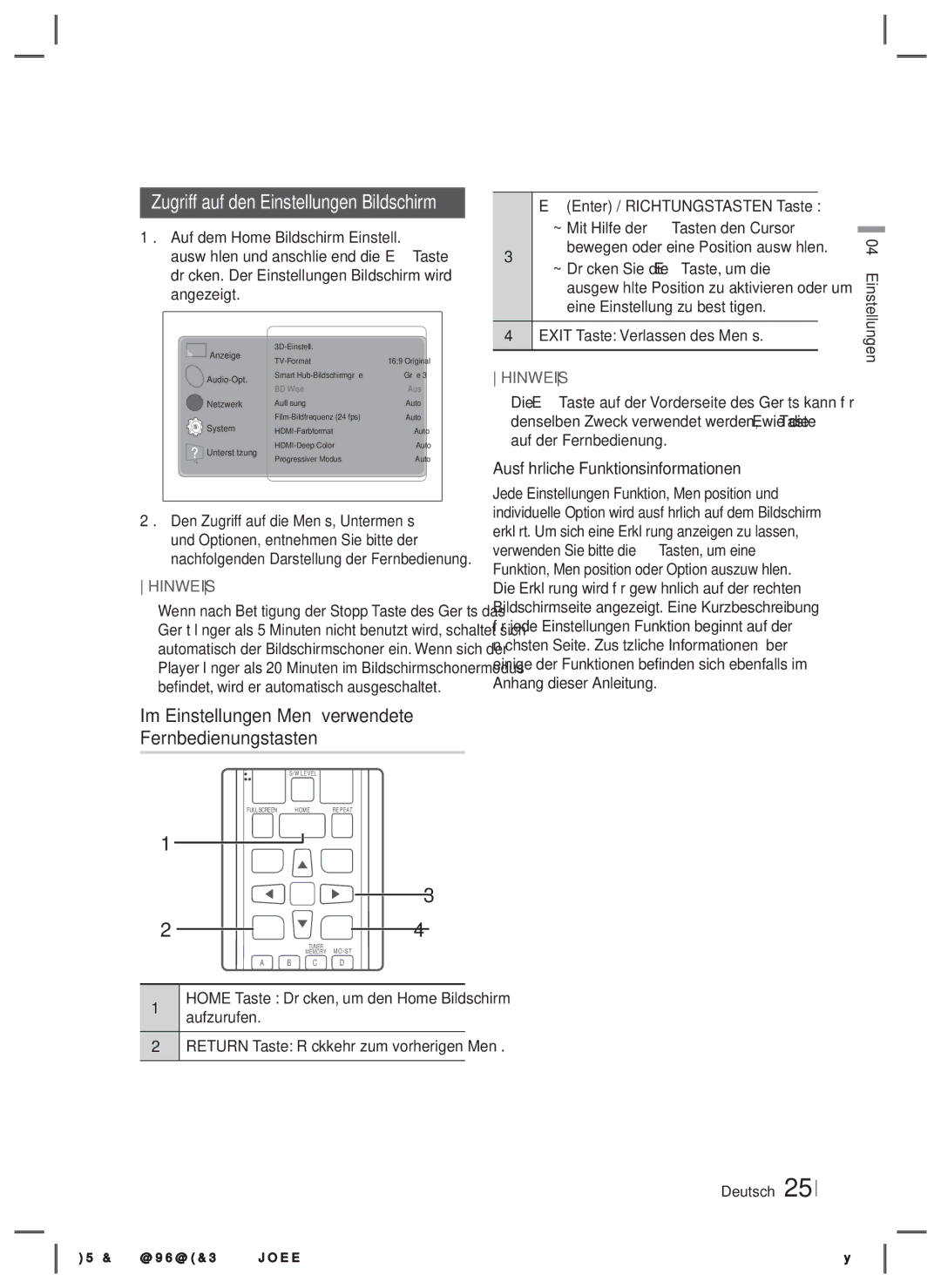 Samsung HT-ES4200/EN, HT-ES4200/XN, HT-E4200/EN, HT-E4200/ZF manual Im Einstellungen Menü verwendete Fernbedienungstasten 