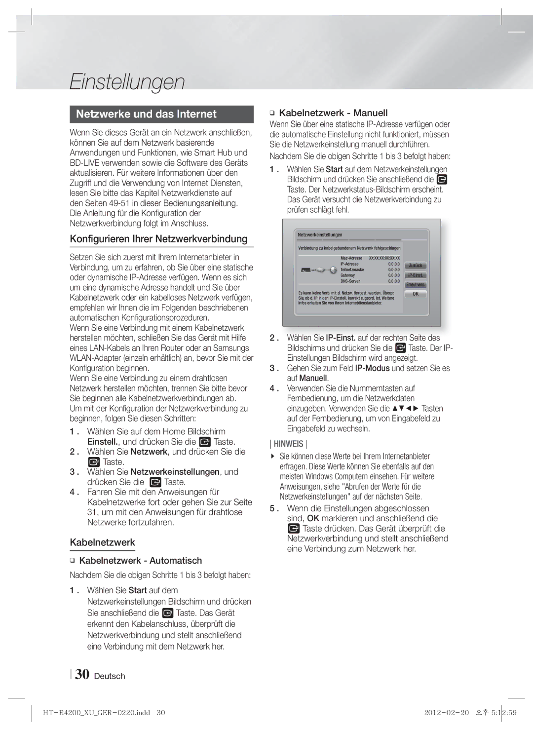 Samsung HT-ES4200/XN, HT-E4200/EN manual Netzwerke und das Internet, Konfigurieren Ihrer Netzwerkverbindung, Kabelnetzwerk 