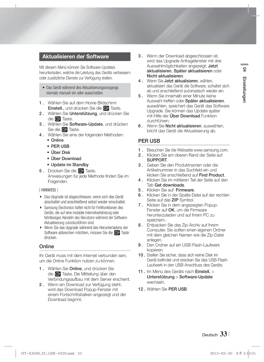 Samsung HT-E4200/ZF manual Aktualisieren der Software, Per Usb, Mit Hilfe der Über Download Funktion durchführen, Support 