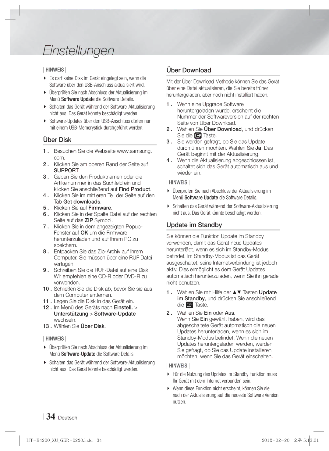 Samsung HT-ES4200/ZF, HT-ES4200/XN Über Disk, Über Download, Update im Standby, Klicken Sie am oberen Rand der Seite auf 