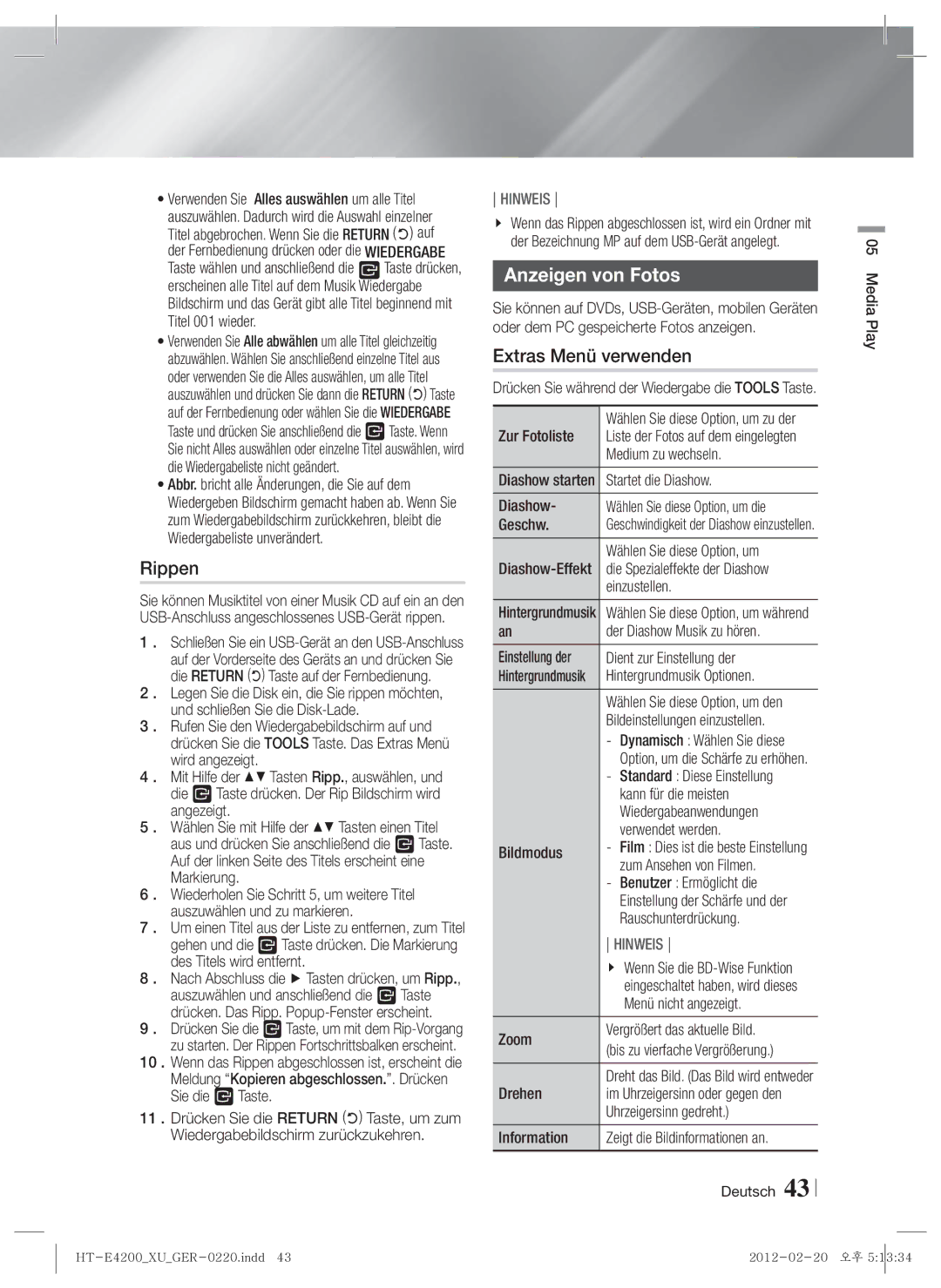 Samsung HT-ES4200/XE, HT-ES4200/XN, HT-E4200/EN, HT-ES4200/EN, HT-E4200/ZF, HT-ES4200/ZF manual Rippen, Anzeigen von Fotos 