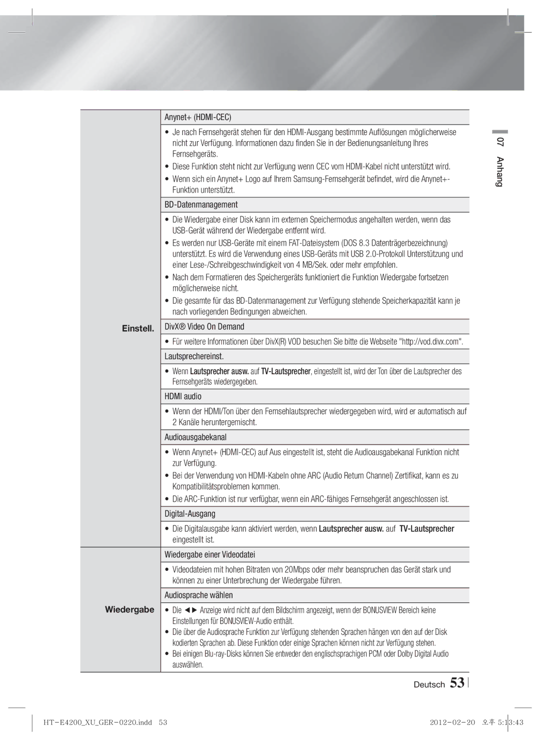 Samsung HT-ES4200/EN, HT-ES4200/XN, HT-E4200/EN, HT-E4200/ZF, HT-ES4200/ZF, HT-E4200/XE, HT-ES4200/XE manual Einstell 