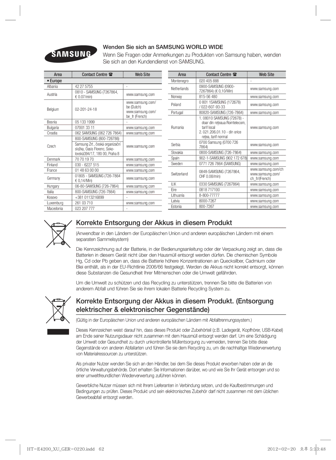 Samsung HT-ES4200/ZF, HT-E4200/EN Korrekte Entsorgung der Akkus in diesem Produkt, Area Contact Centre  Web Site ` Europe 