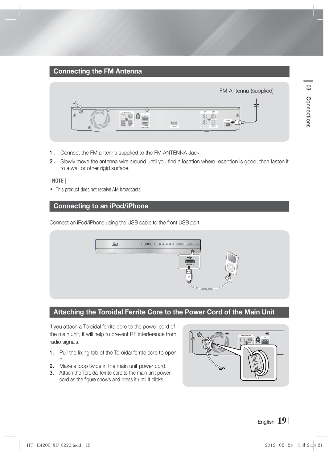 Samsung HT-E4200/XE, HT-ES4200/XN, HT-E4200/EN Connecting the FM Antenna, Connecting to an iPod/iPhone, FM Antenna supplied 