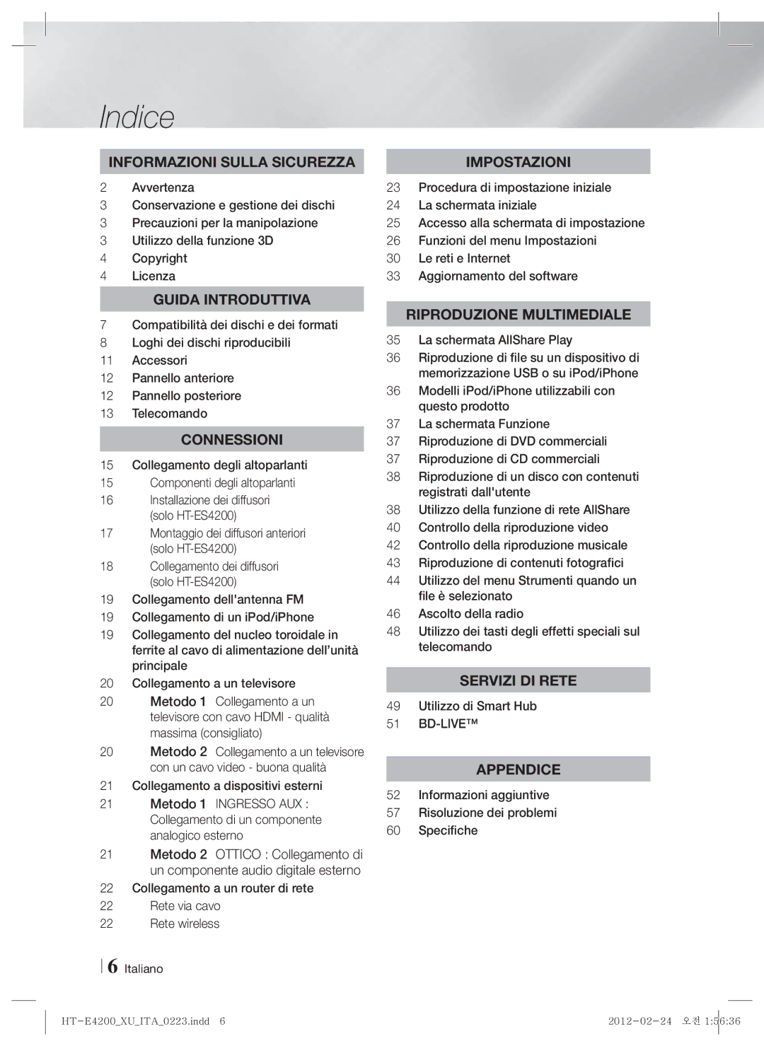 Samsung HT-E4200/ZF manual Indice, Montaggio dei diffusori anteriori solo HT-ES4200, Collegamento a dispositivi esterni 