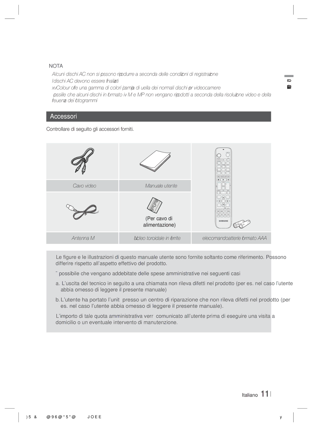 Samsung HT-E4200/EN Accessori, Controllare di seguito gli accessori forniti, Manuale utente, Per cavo di, Alimentazione 