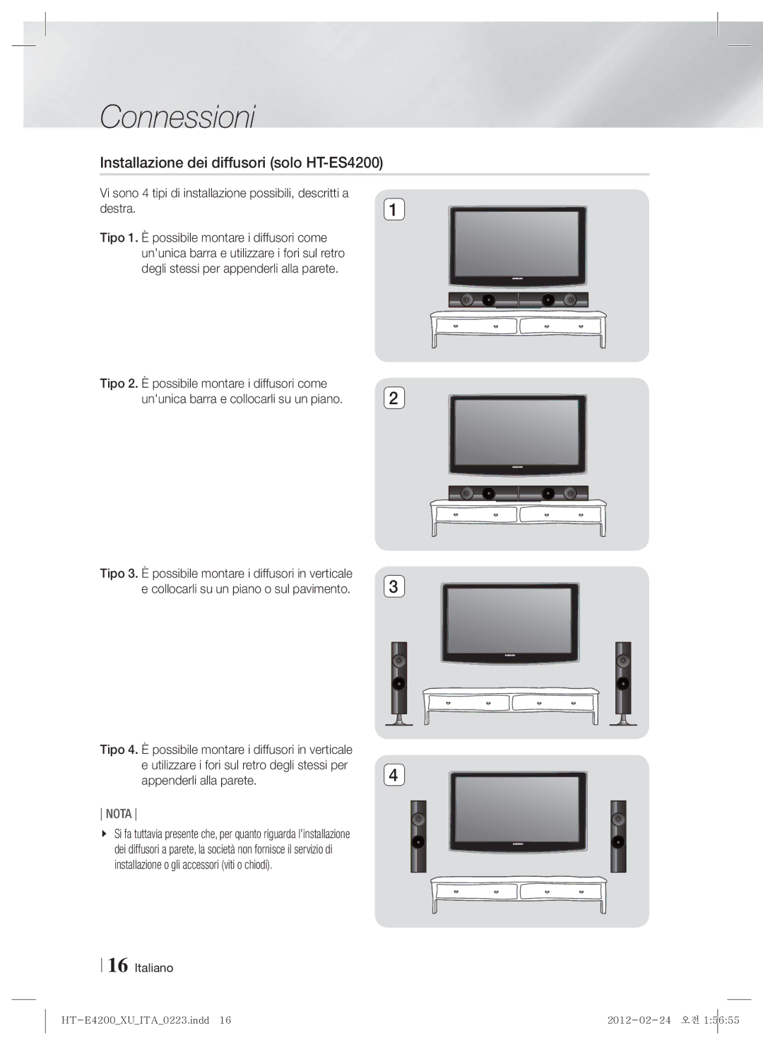 Samsung HT-ES4200/XE, HT-ES4200/XN, HT-E4200/EN Installazione dei diffusori solo HT-ES4200, Destra, Appenderli alla parete 