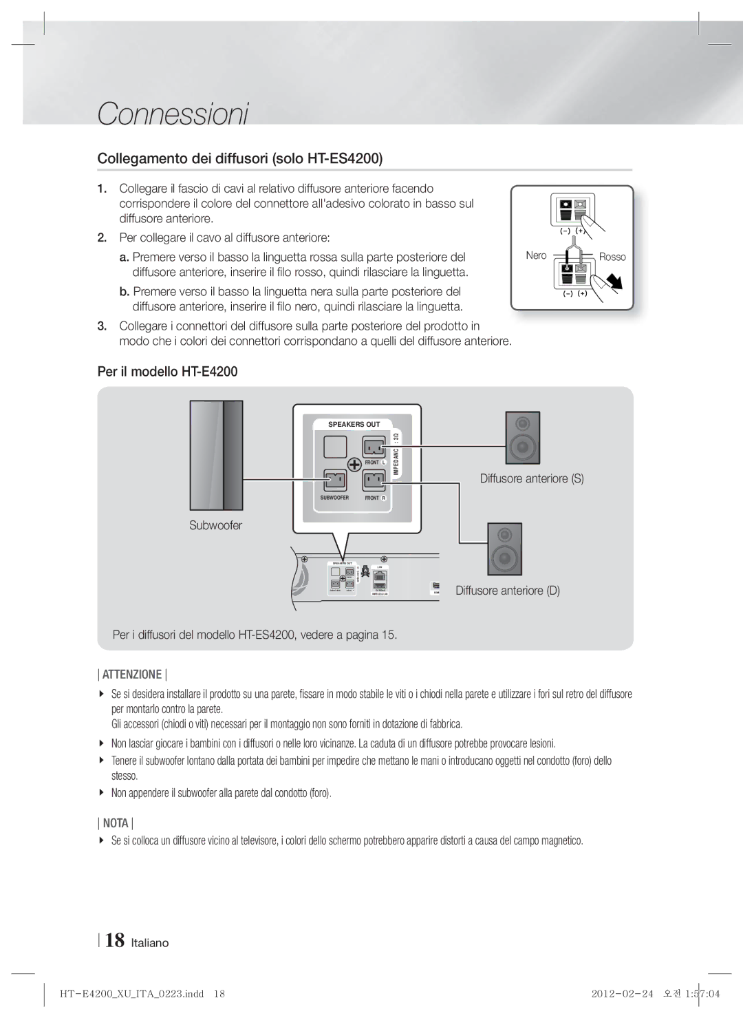 Samsung HT-E4200/EN, HT-ES4200/XN, HT-ES4200/EN Collegamento dei diffusori solo HT-ES4200, Per il modello HT-E4200, Rosso 
